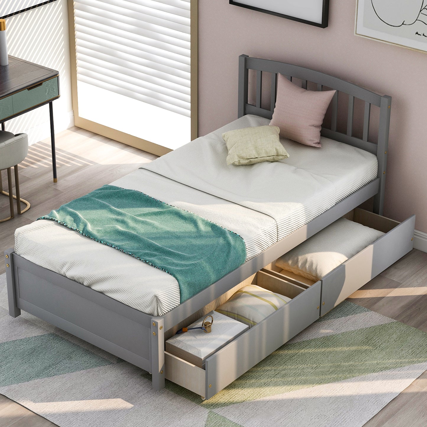 Gray wooden twin bed with three underbed storage drawers and clean white bedding