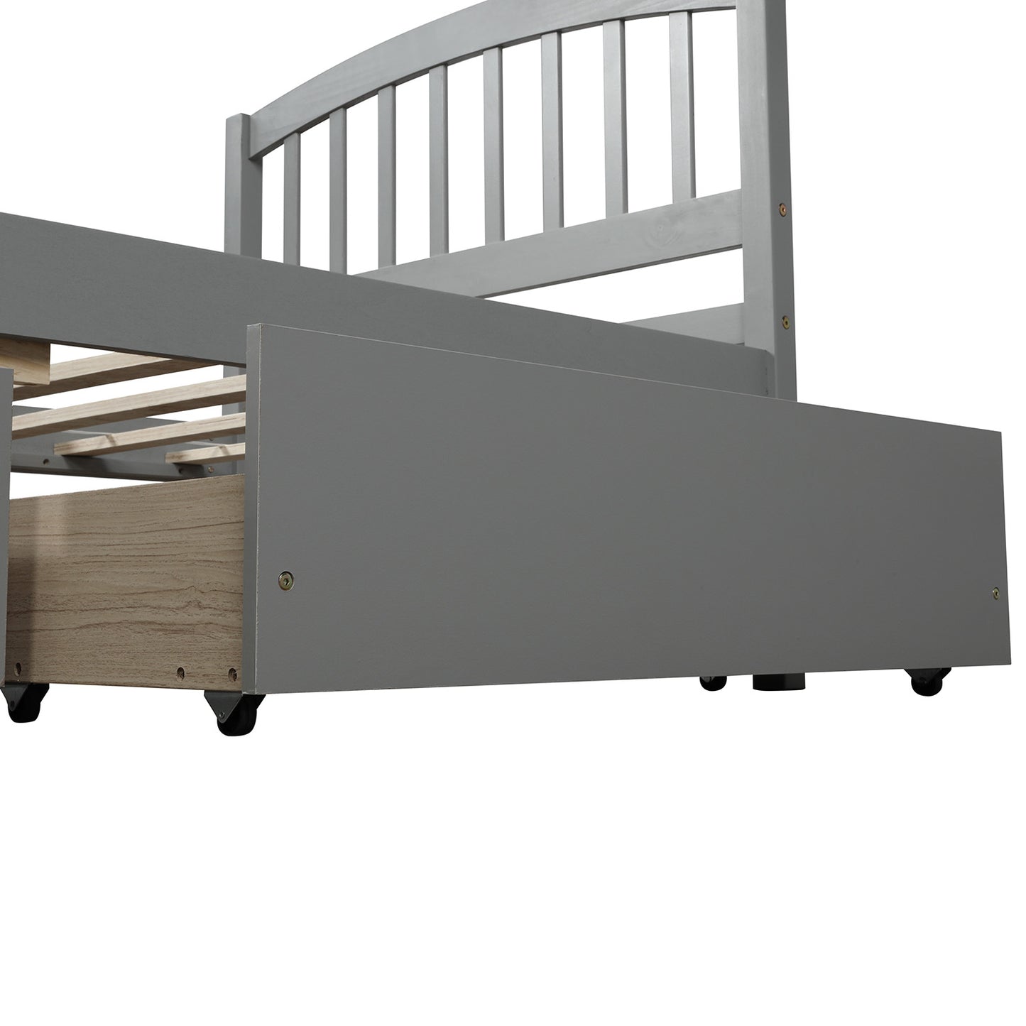 Gray wooden twin bed frame with storage drawer on wheels