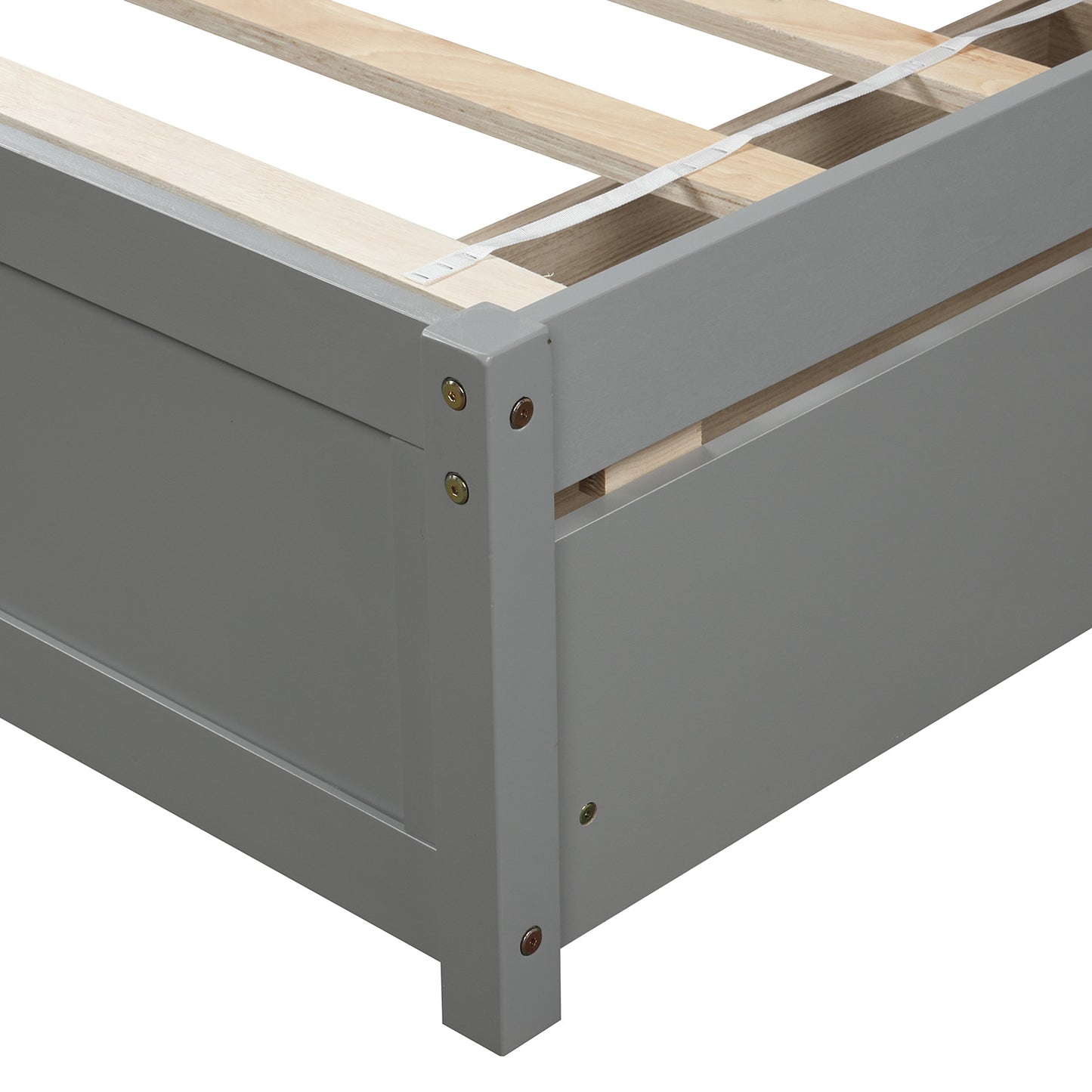 Gray wooden bed frame corner detail with slatted support