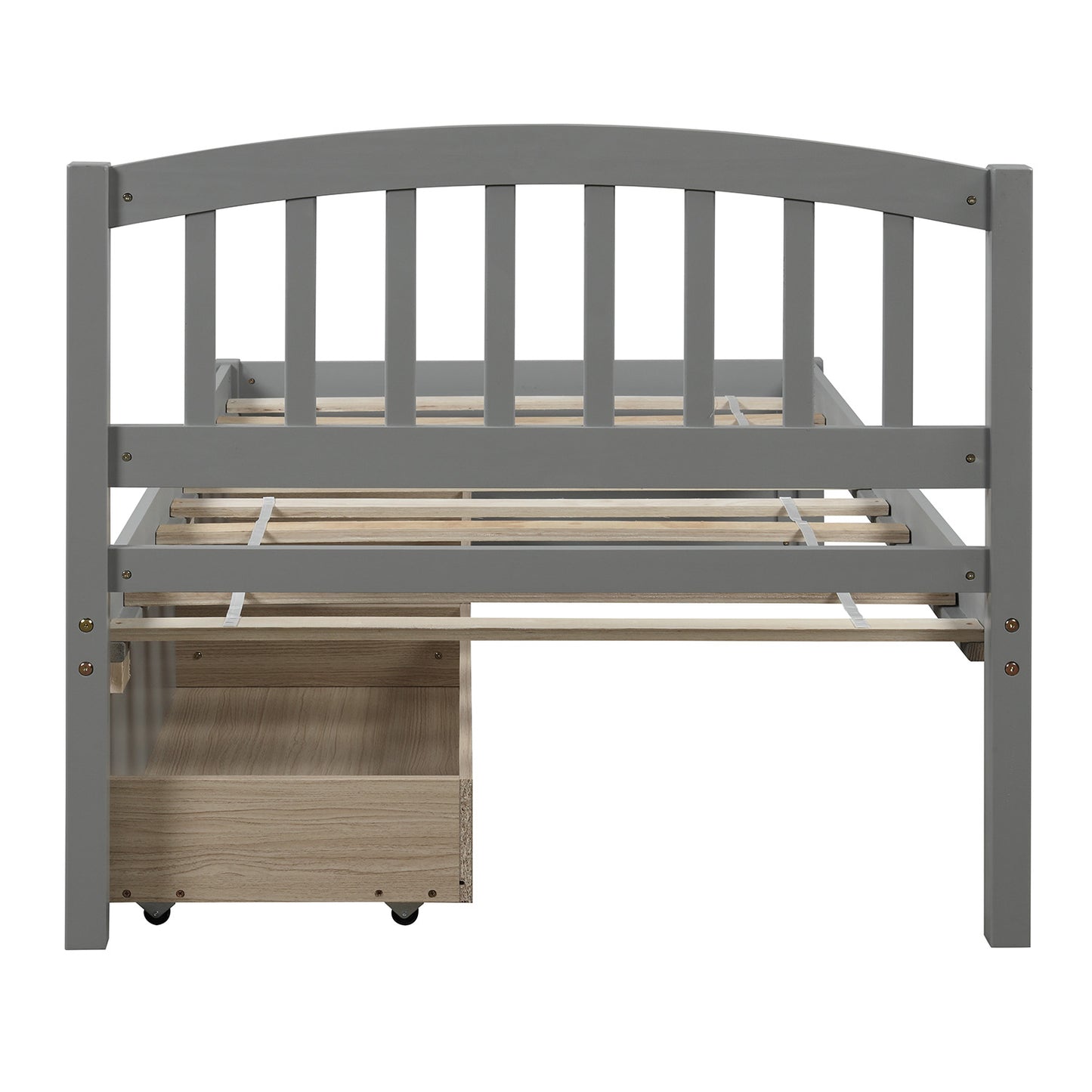 Grey wooden twin bed frame with arched headboard and builtin drawer