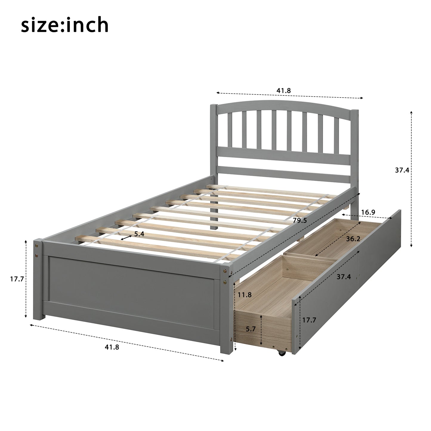 Gray wooden twin bed frame with drawers