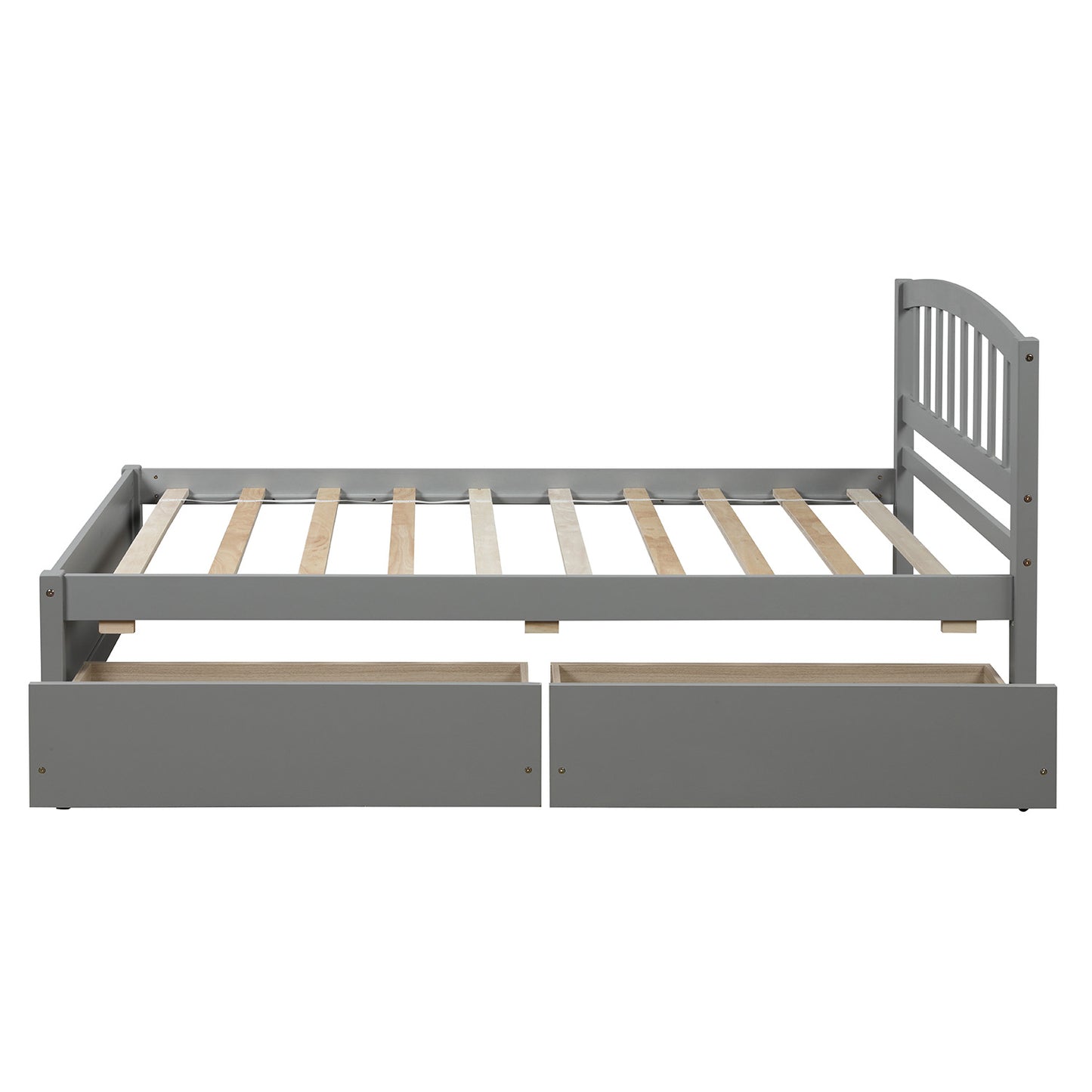 Gray twin bed frame with two storage drawers