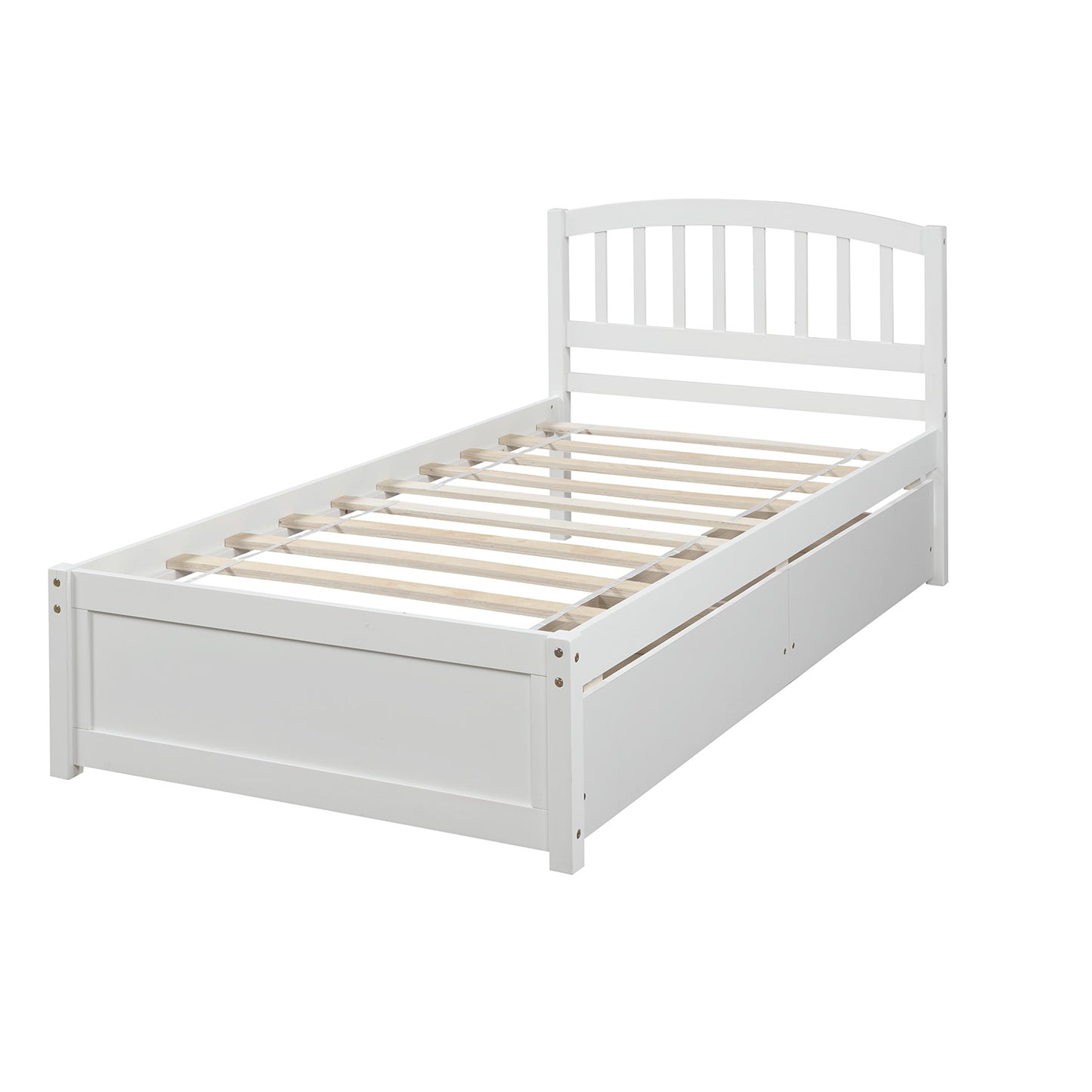White twin bed frame with arched headboard and builtin drawers