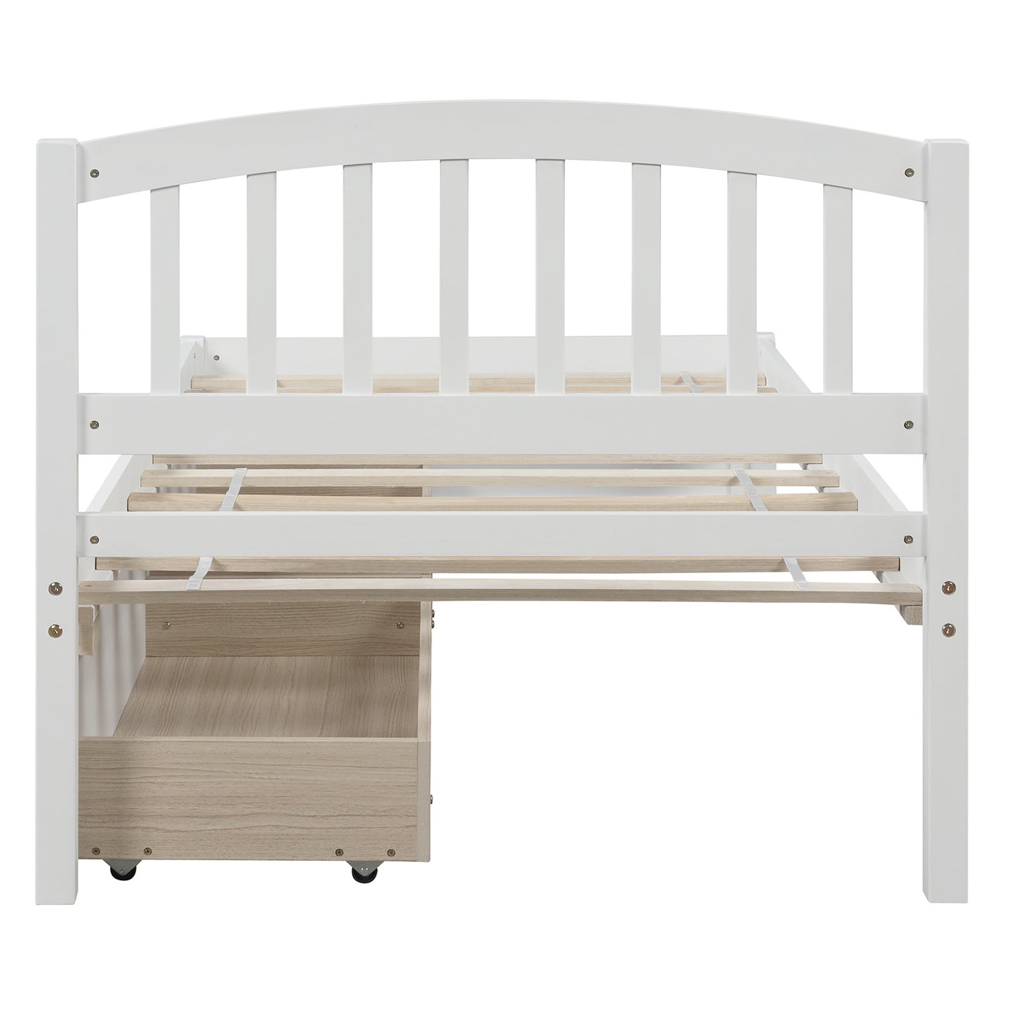 White twin bed frame with arched headboard and builtin storage drawer