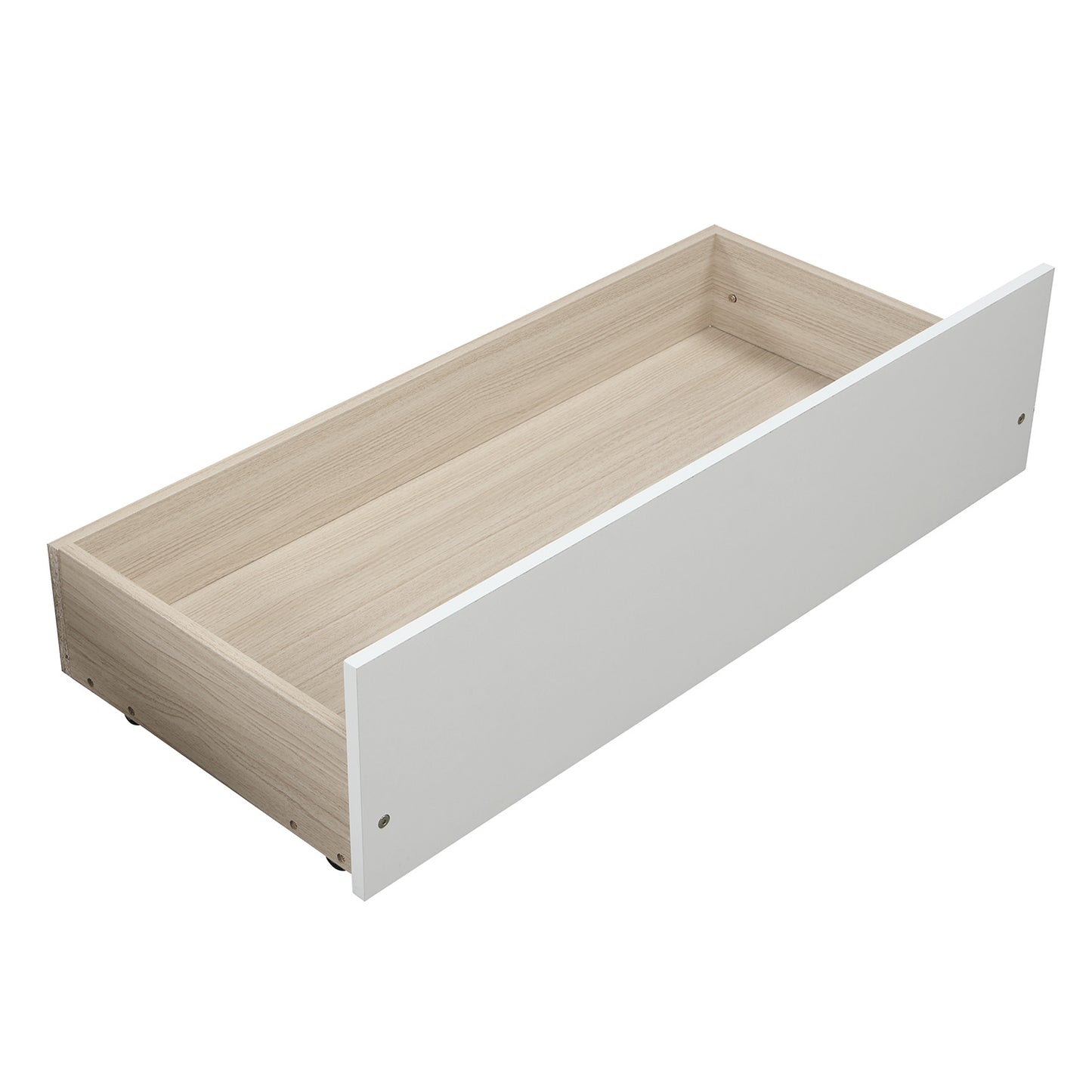 White and wood grain particle board drawer with smooth sliding mechanism