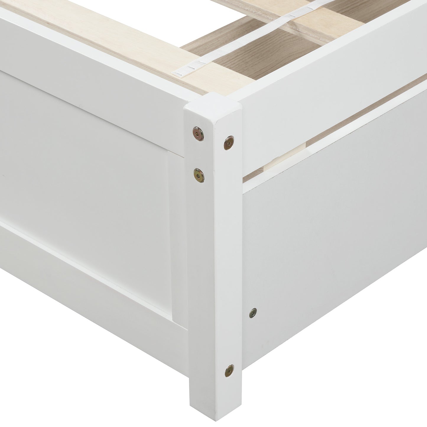 Closeup of white wooden bed frame corner with visible screws and slat support