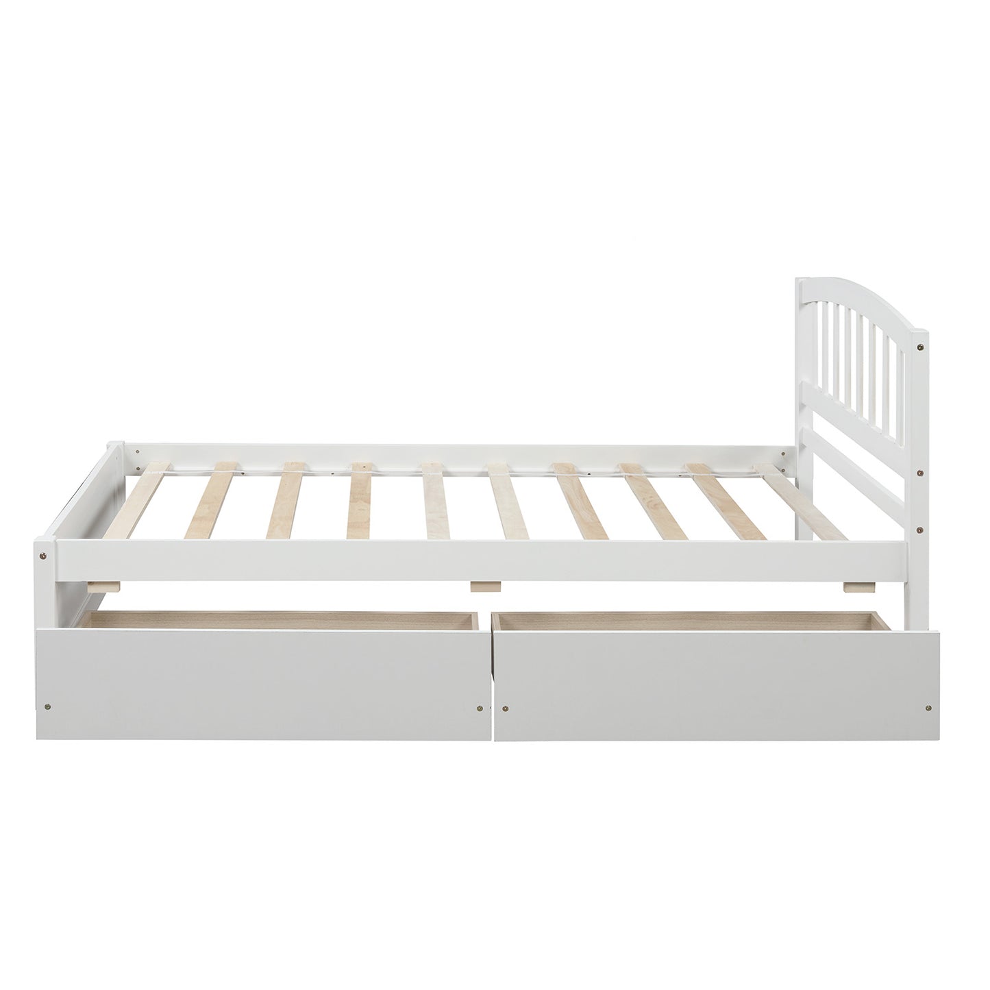 White wooden twin bed frame with two builtin storage drawers