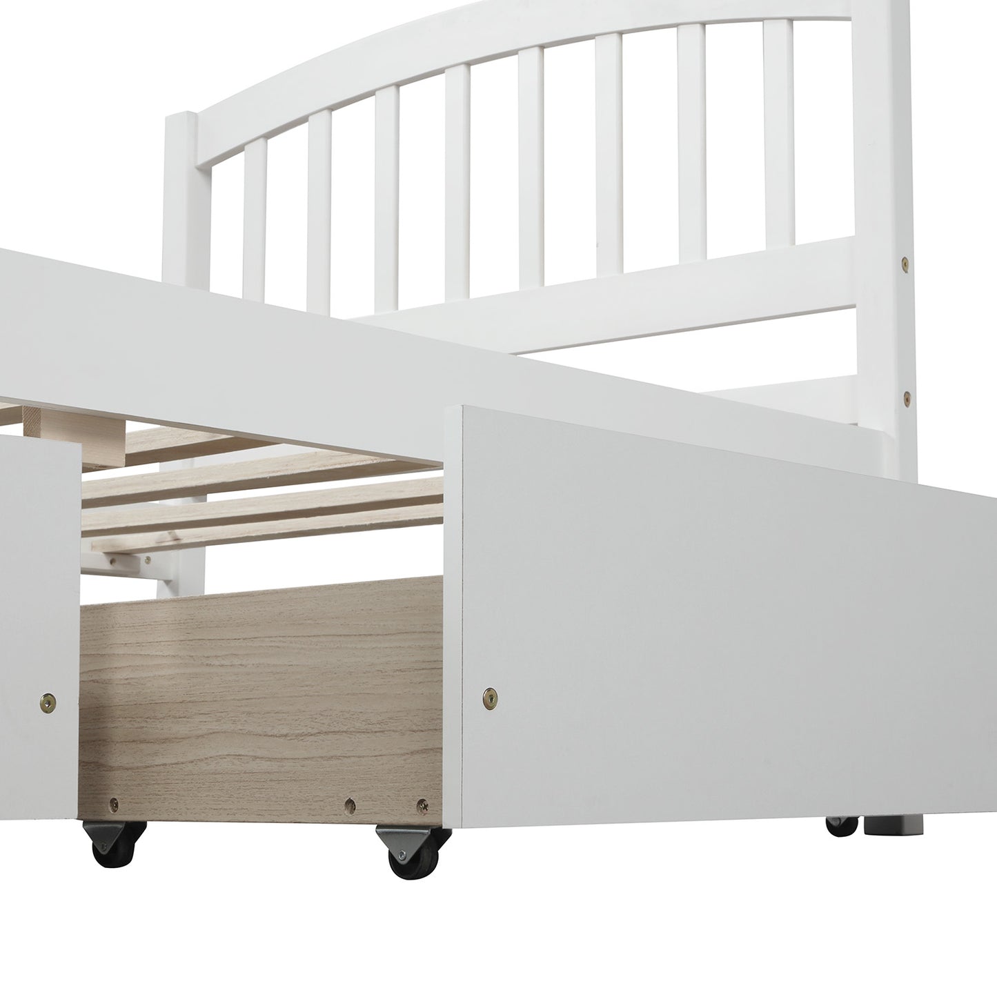 White wooden twin bed frame with rolling storage drawer