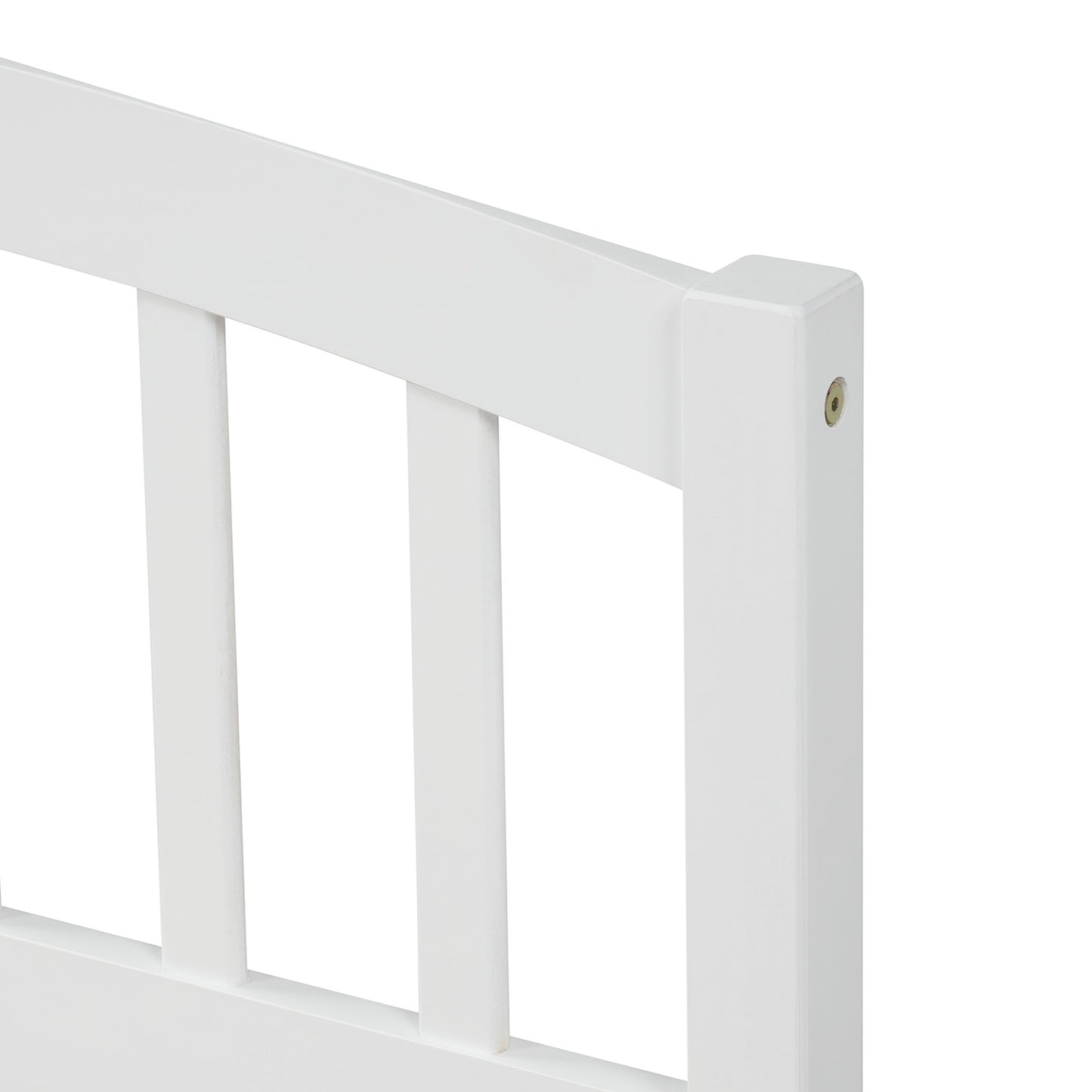 White wooden toddler bed railing with slatted design