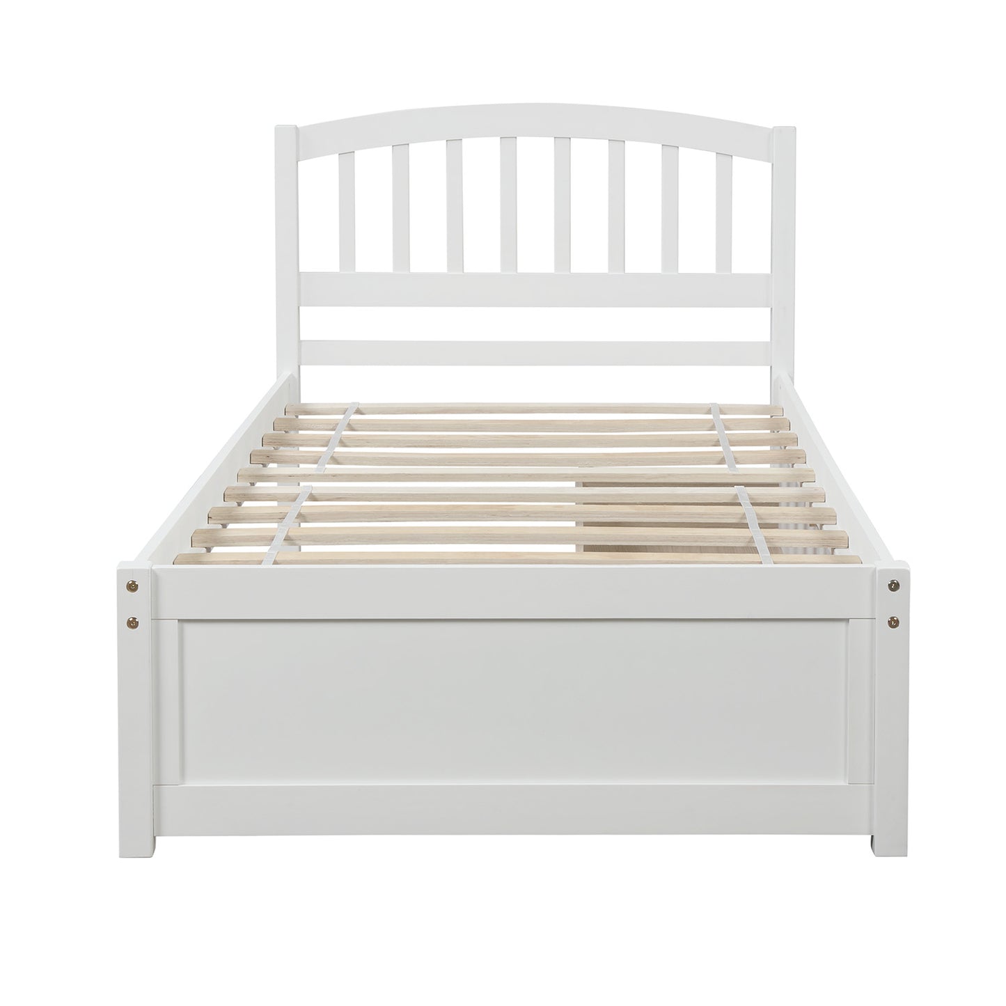 White wooden twin bed frame with slatted headboard and platform base