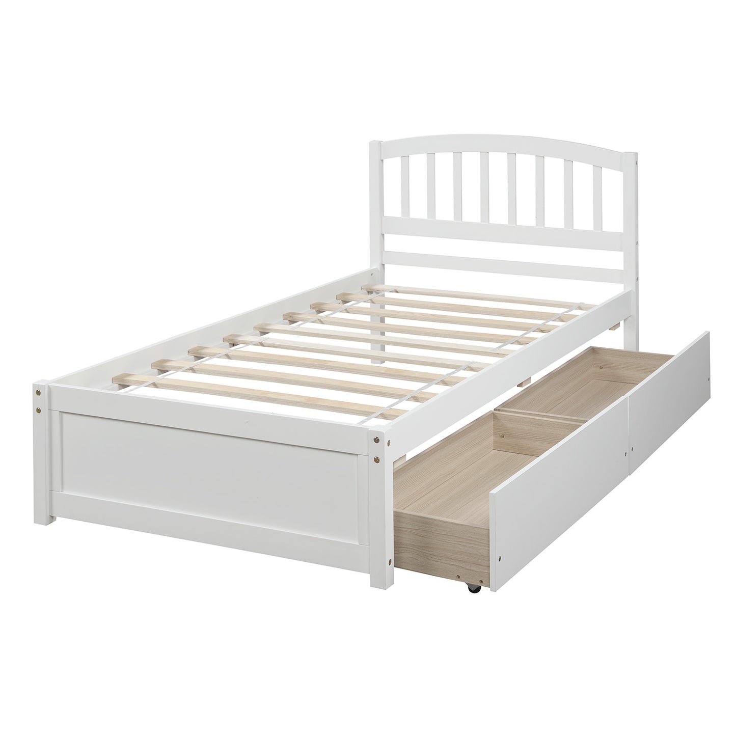 White wooden twin bed frame with pullout drawers