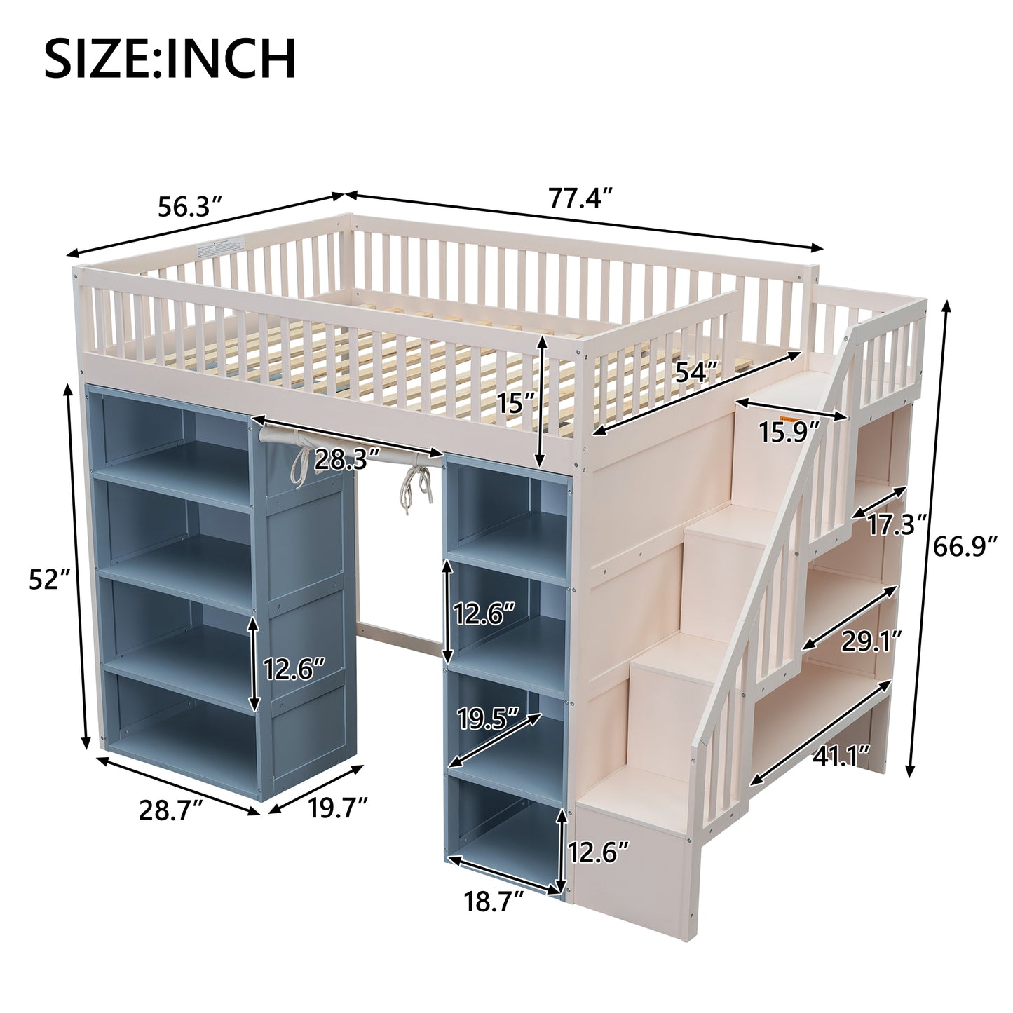 Wooden loft bed with attached stairs and shelving
