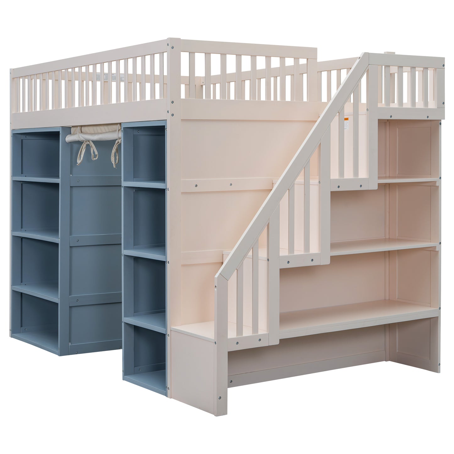 Neutral toned wooden loft bed with grey storage shelves and staircase