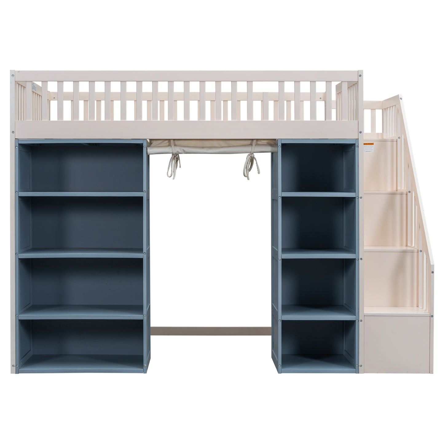 Beige and grey loft bed with storage shelves and stairs