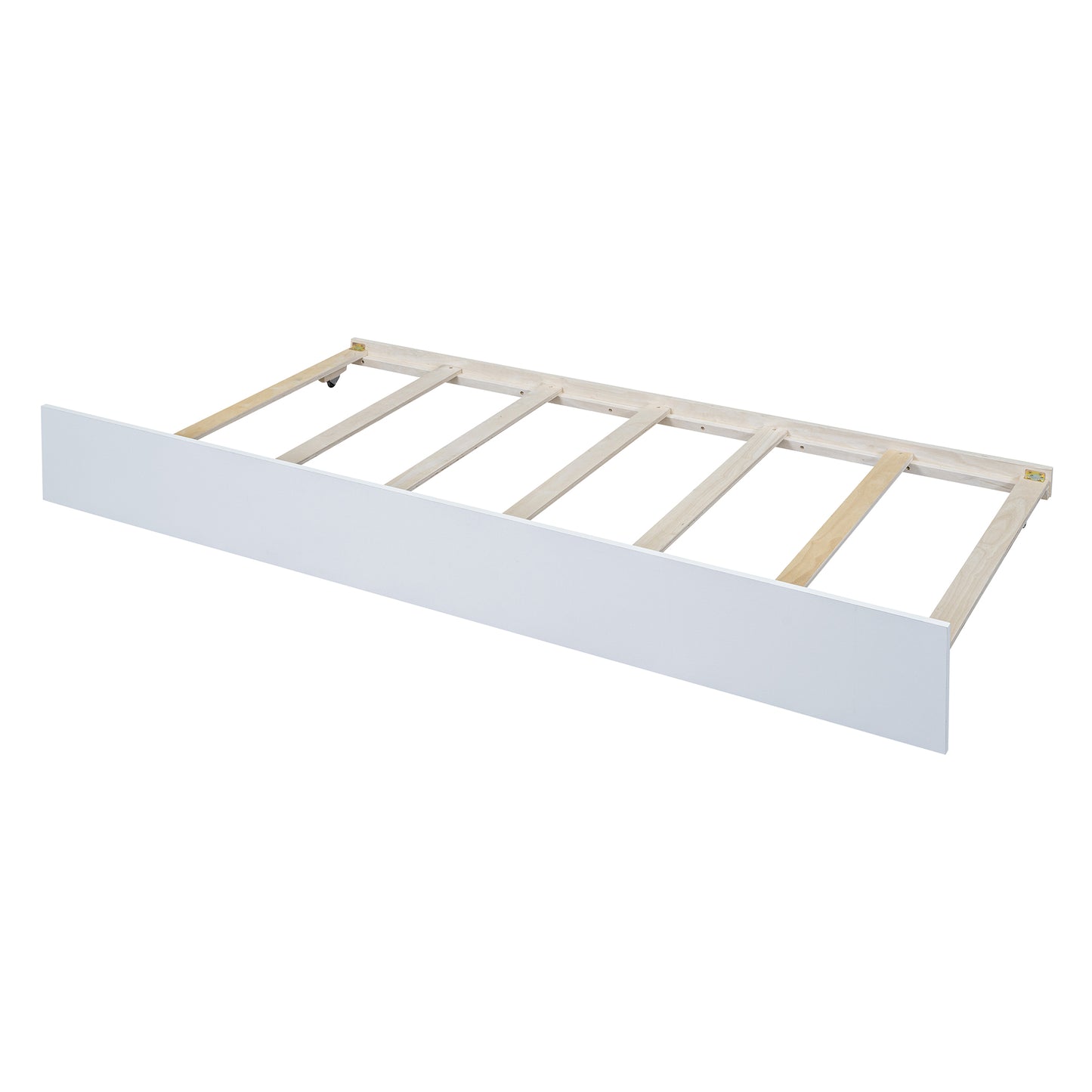 White modern bed frame with wooden slats and hidden wheels
