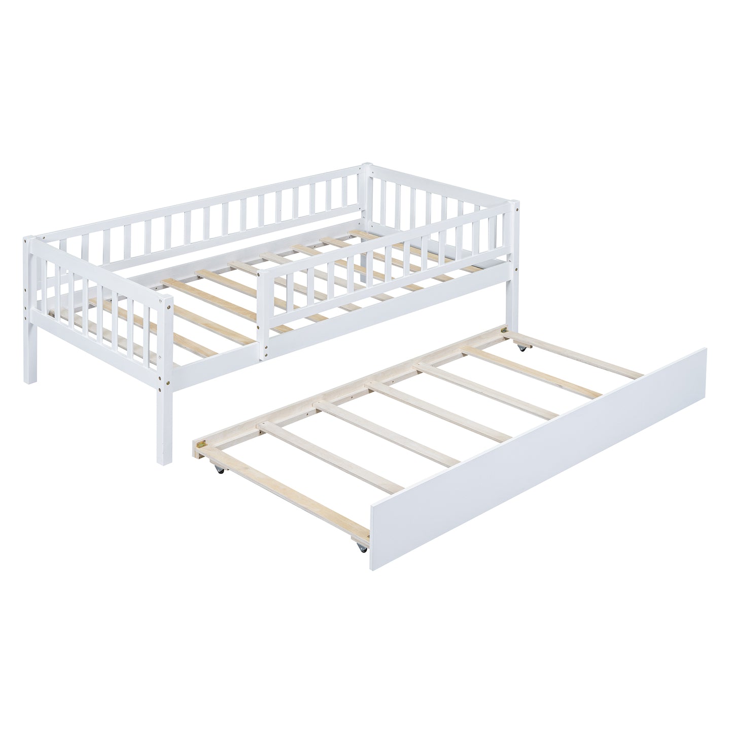 White wooden toddler bed with pullout trundle
