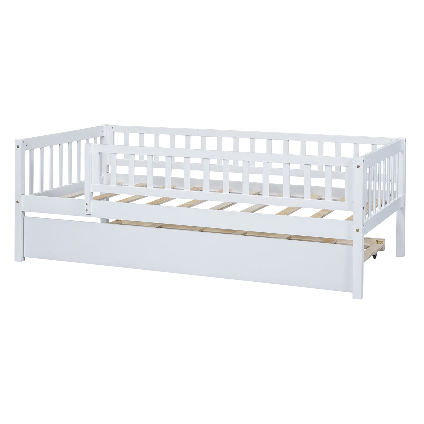 White wooden toddler bed with safety rails and pullout trundle