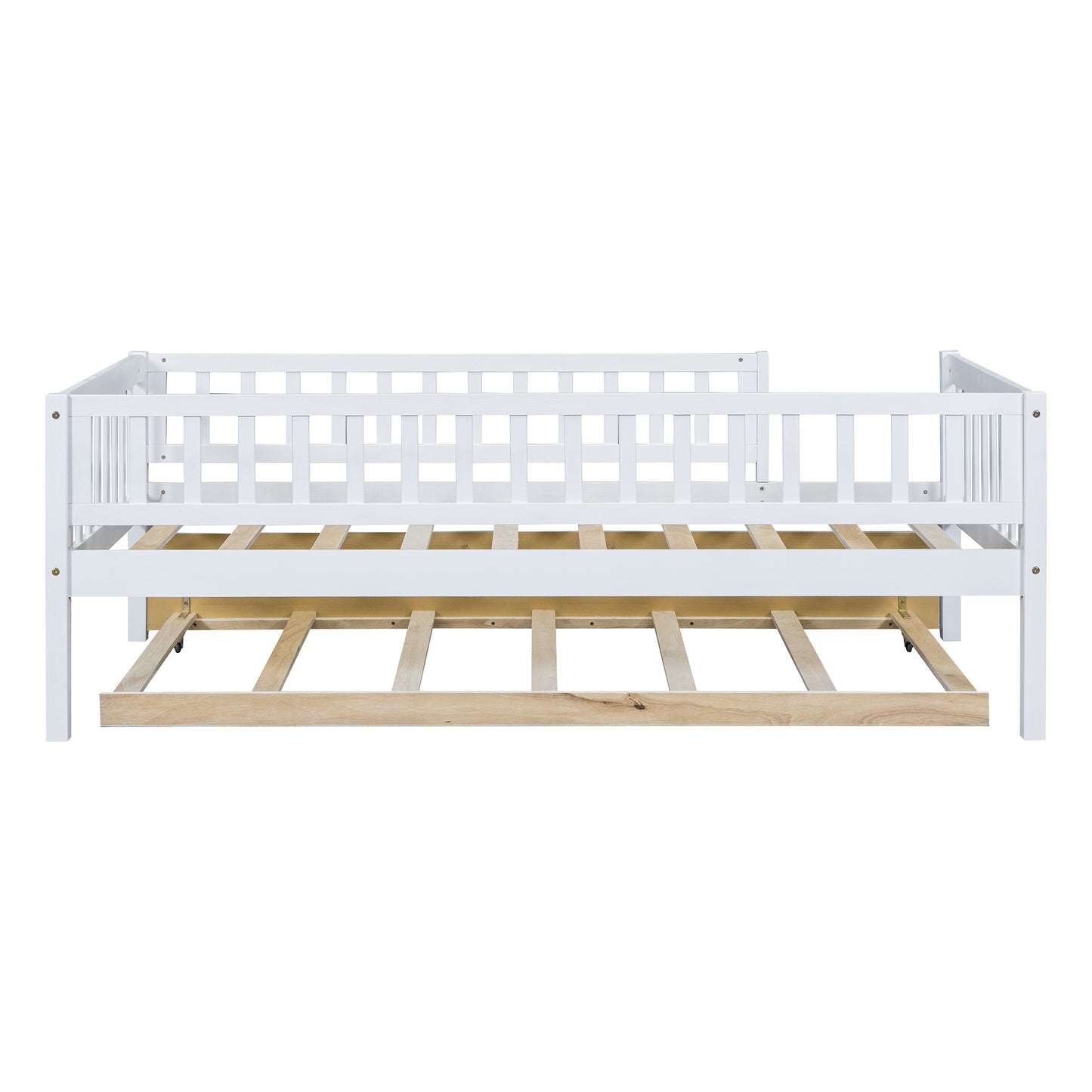 White wooden daybed with trundle and slatted base
