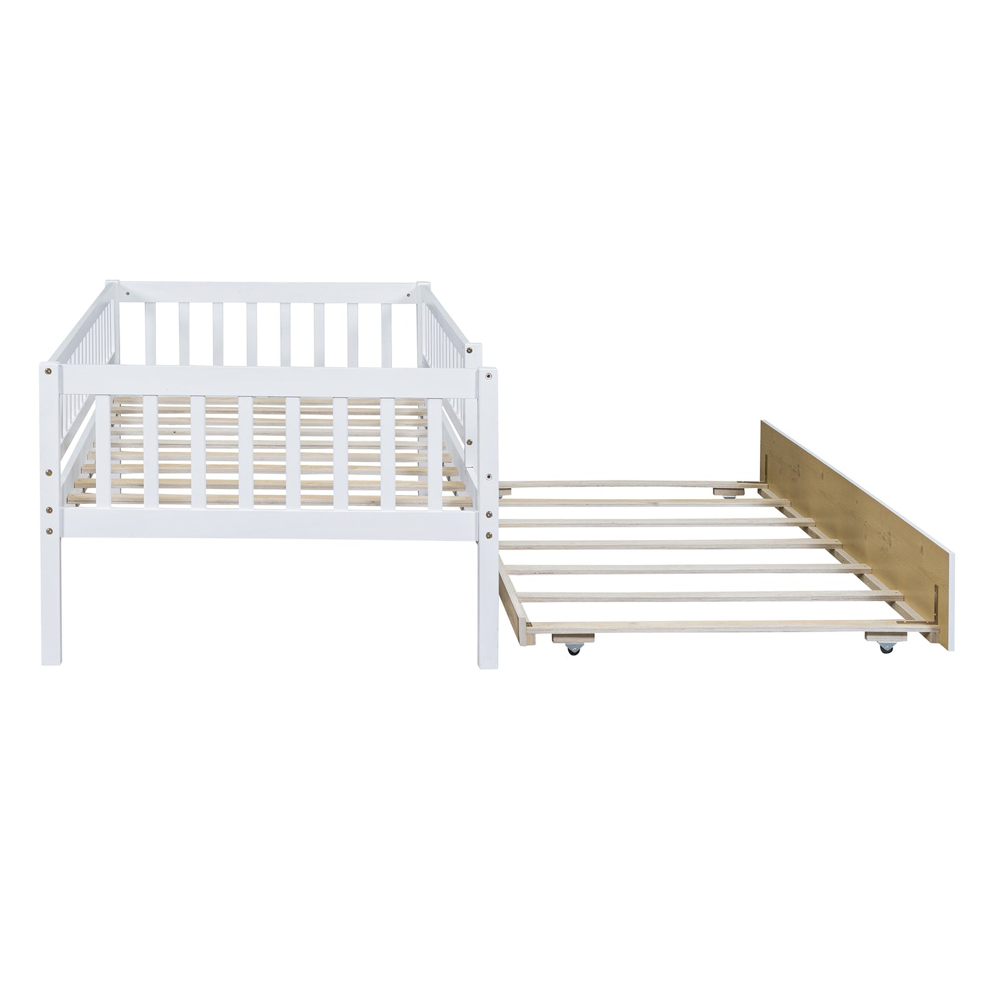 White wooden daybed with pullout trundle frame extended