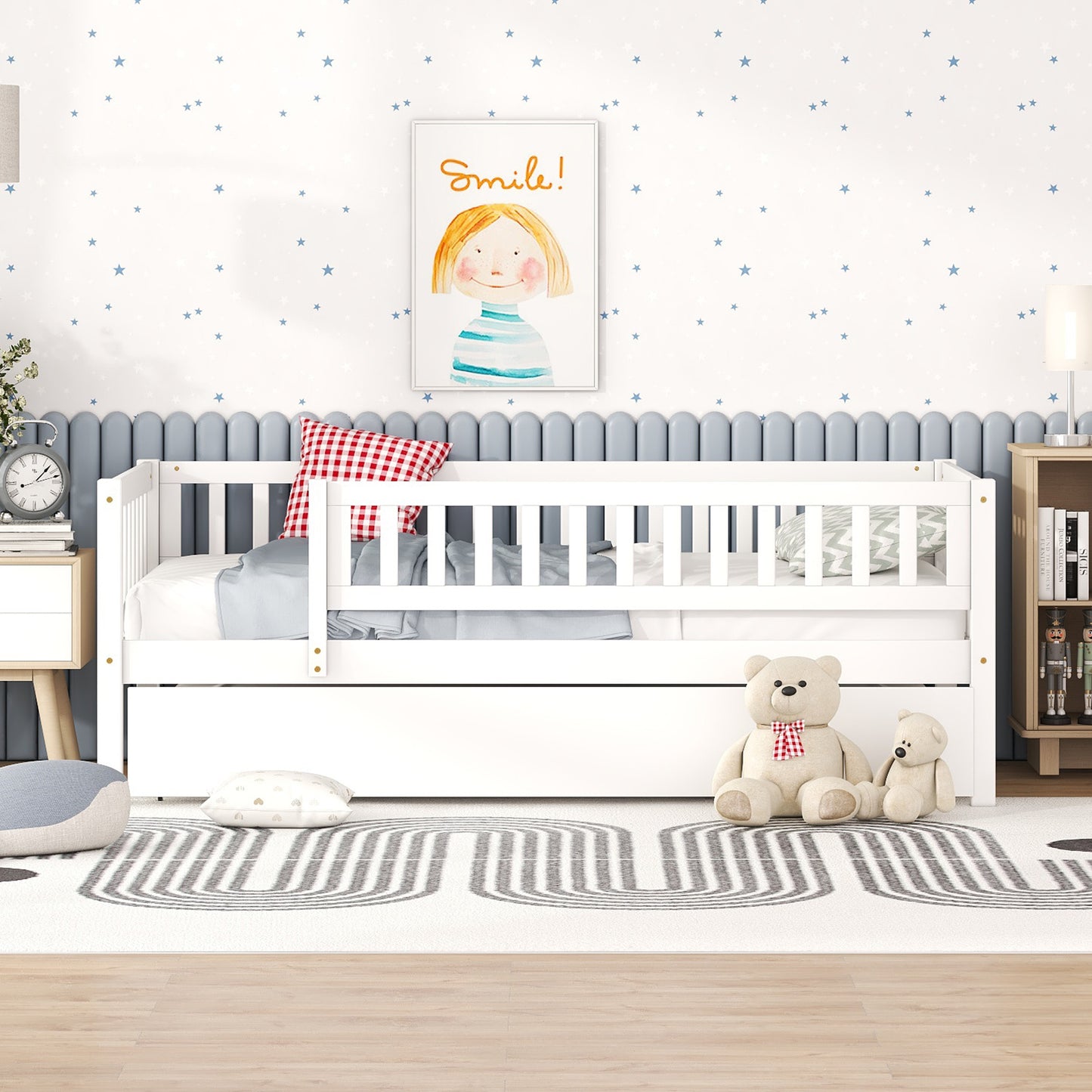 White wooden daybed with pullout trundle for childrens room
