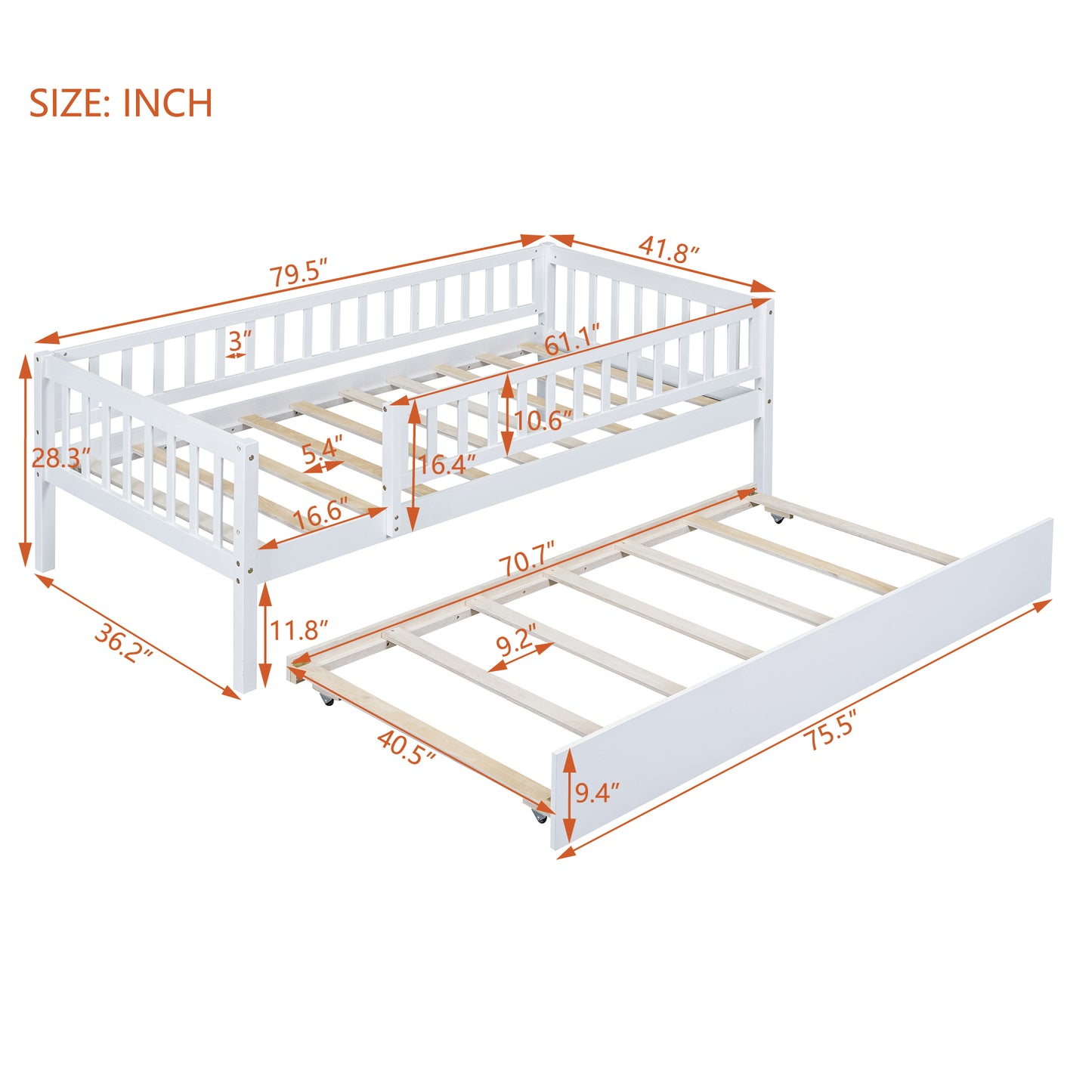White wooden daybed with trundle and dimensions labeled