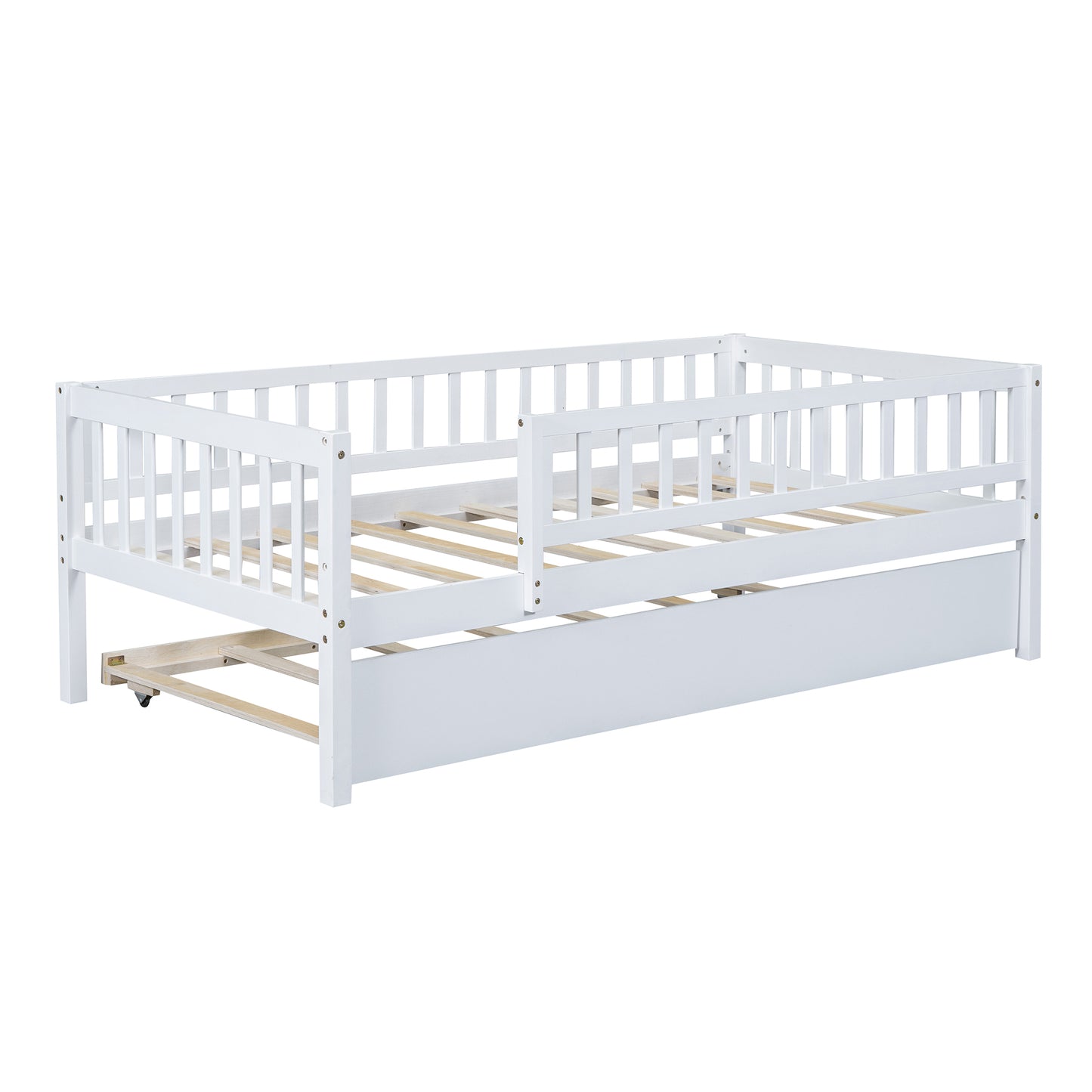 White wooden daybed with guardrails and pullout trundle for kids rooms