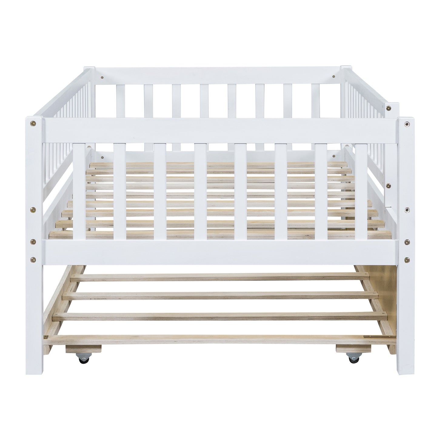 White wooden toddler bed frame with slatted base and wheels