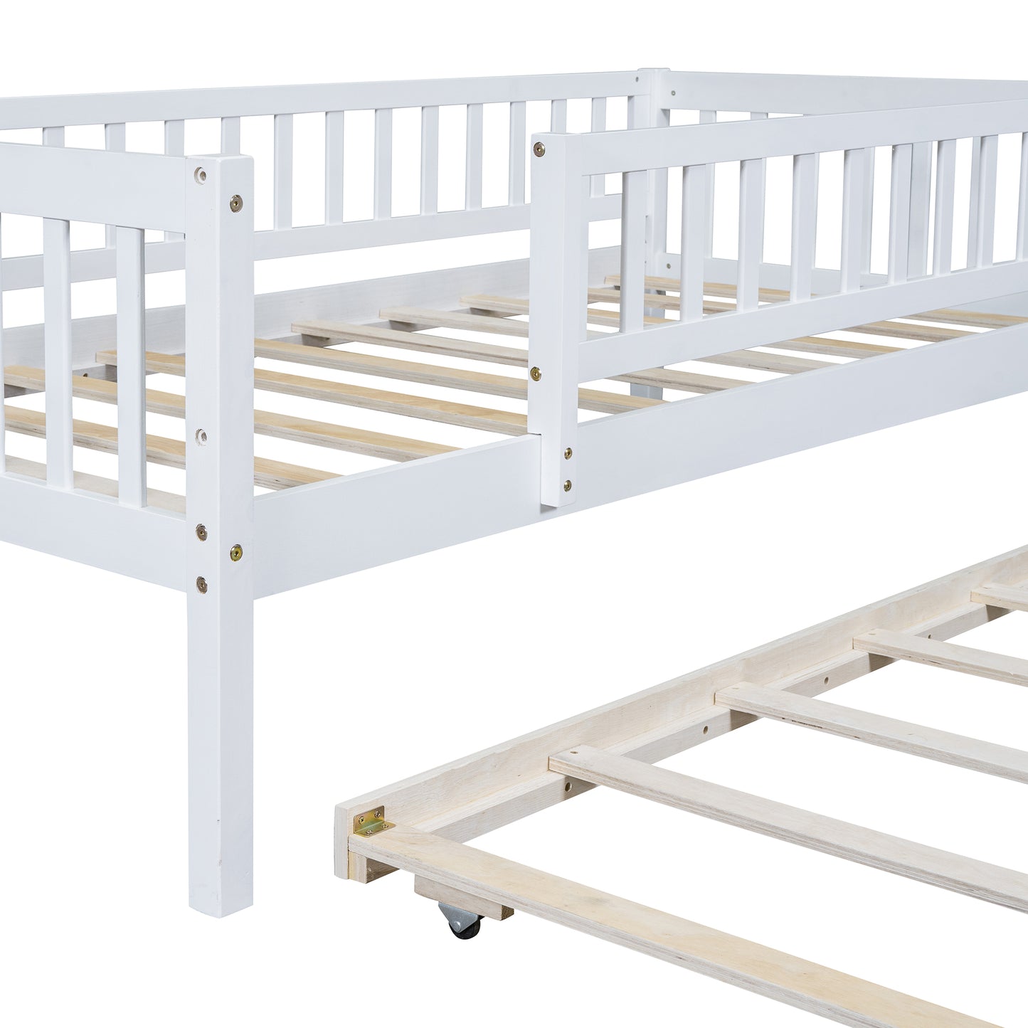 White wooden toddler bed frame with slatted mattress support and pullout trundle