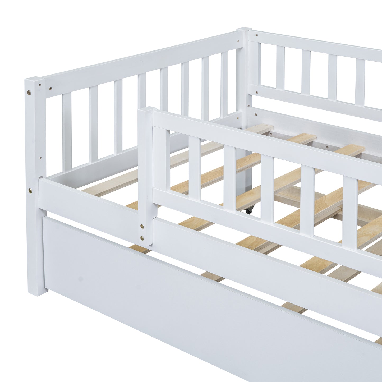 White wooden toddler bed frame with safety rails and slatted base