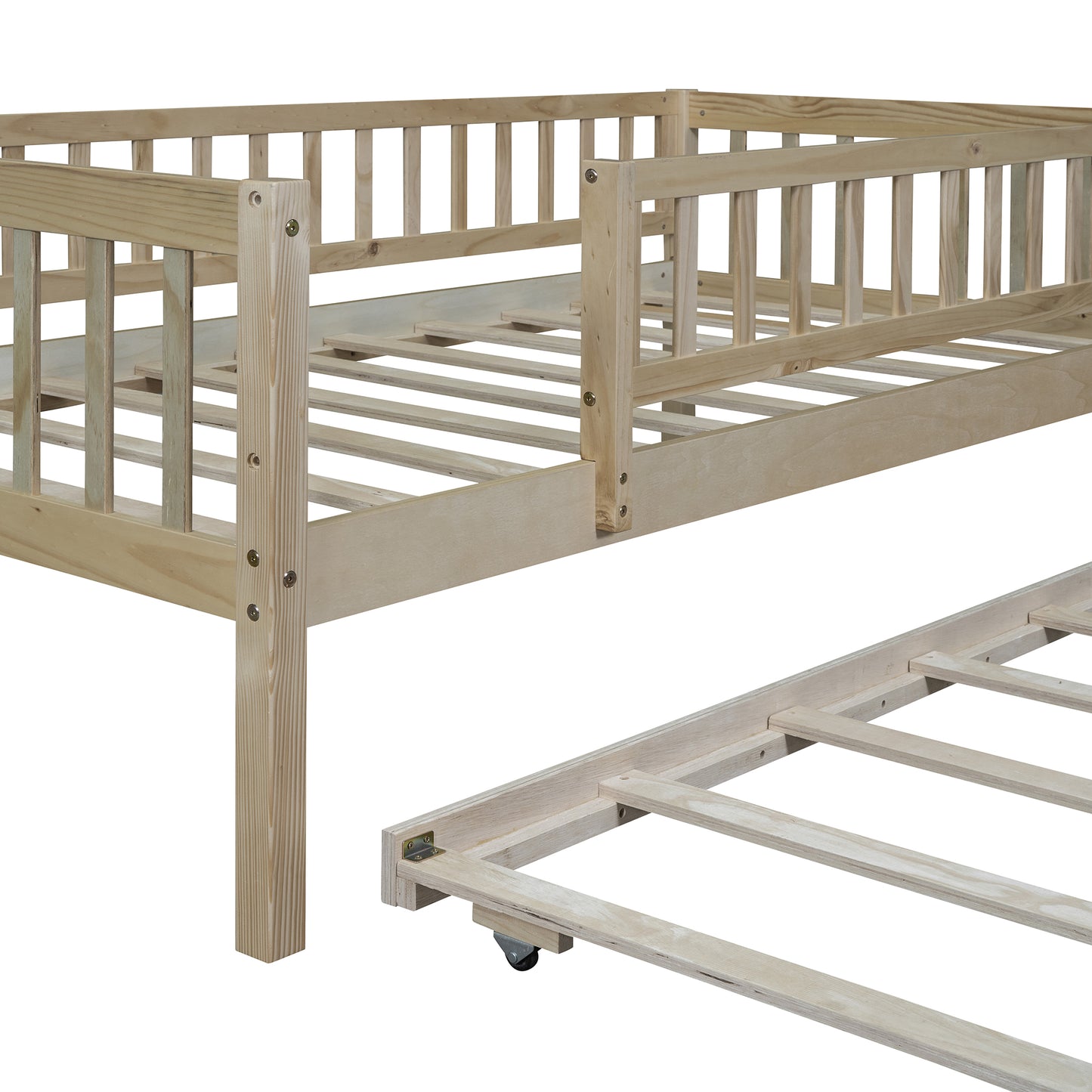 Natural pine wood toddler bed frame with guard rails and pullout trundle