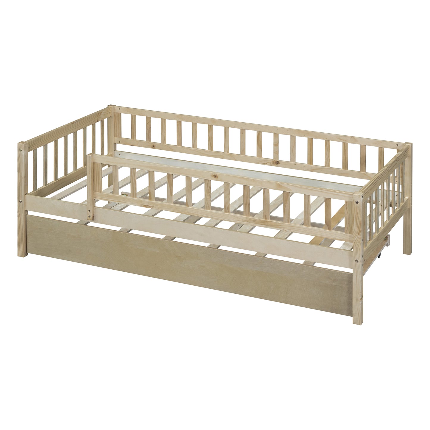 Natural pine wood toddler bed with rails and pullout trundle drawer