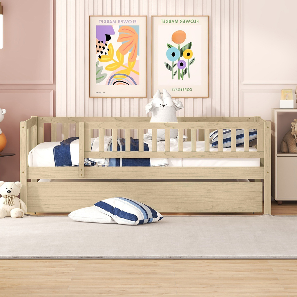 Natural wood toddler bed with guardrail and pullout drawer for kids
