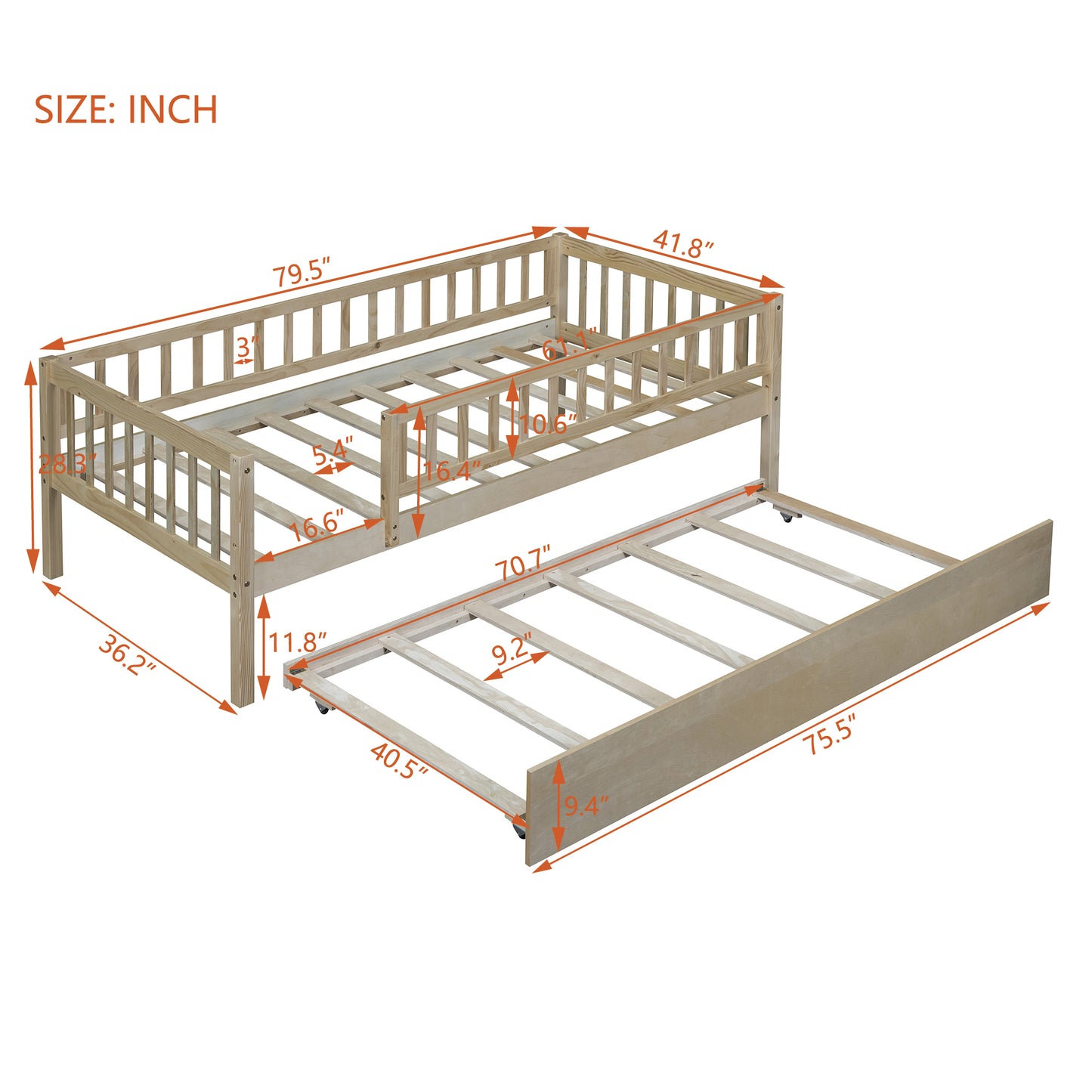 Wooden daybed frame with pullout trundle bed natural finish detailed dimensions shown