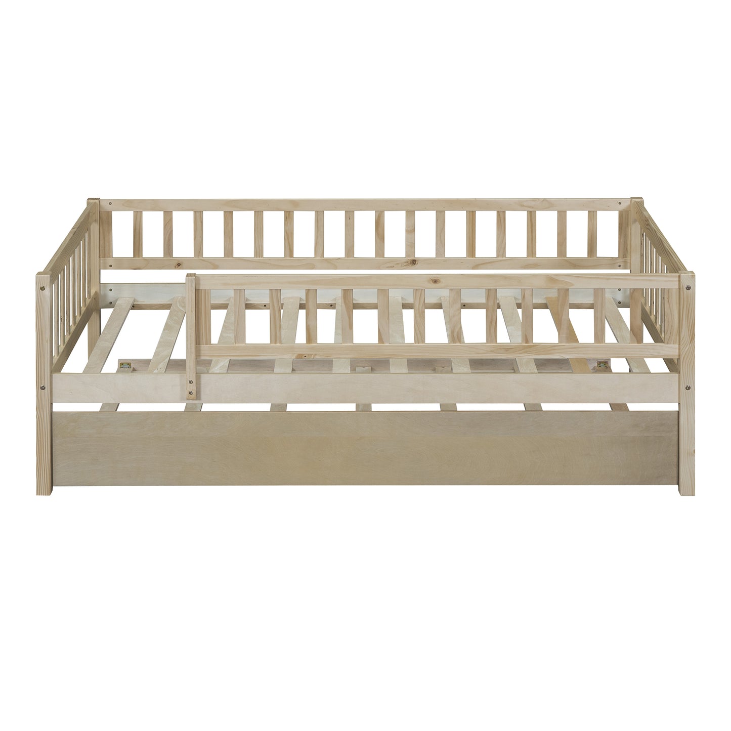 Natural wood twin daybed with slatted design and safety rails