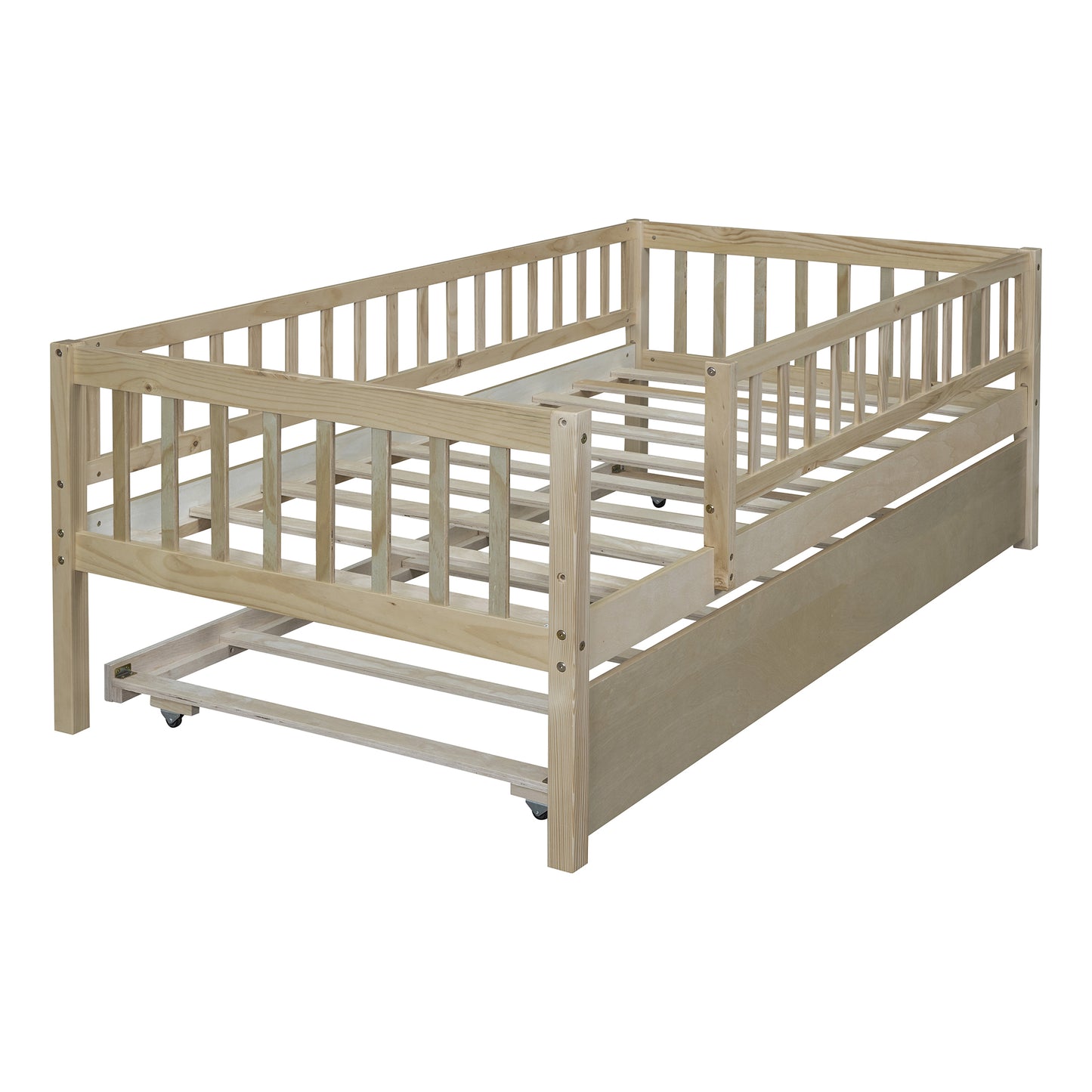 Natural wood twin toddler bed with pullout trundle on wheels