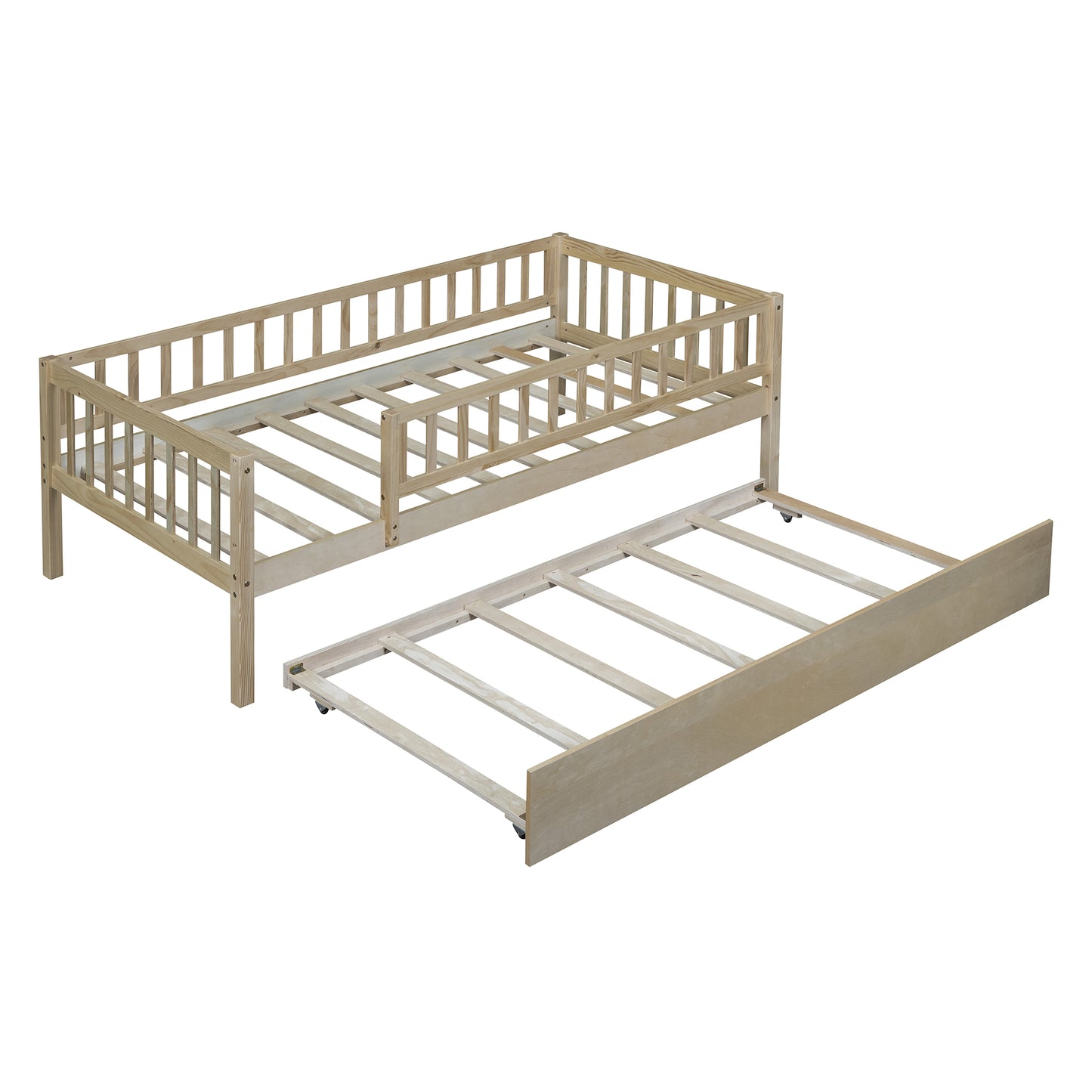 Natural wood twin bed frame with pullout trundle