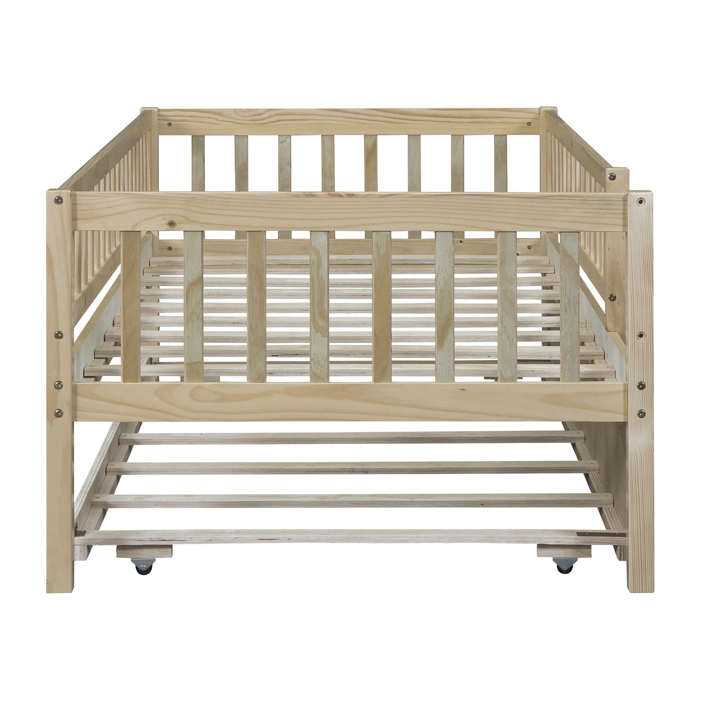 Natural wood toddler bed frame with slatted sides and base on wheels