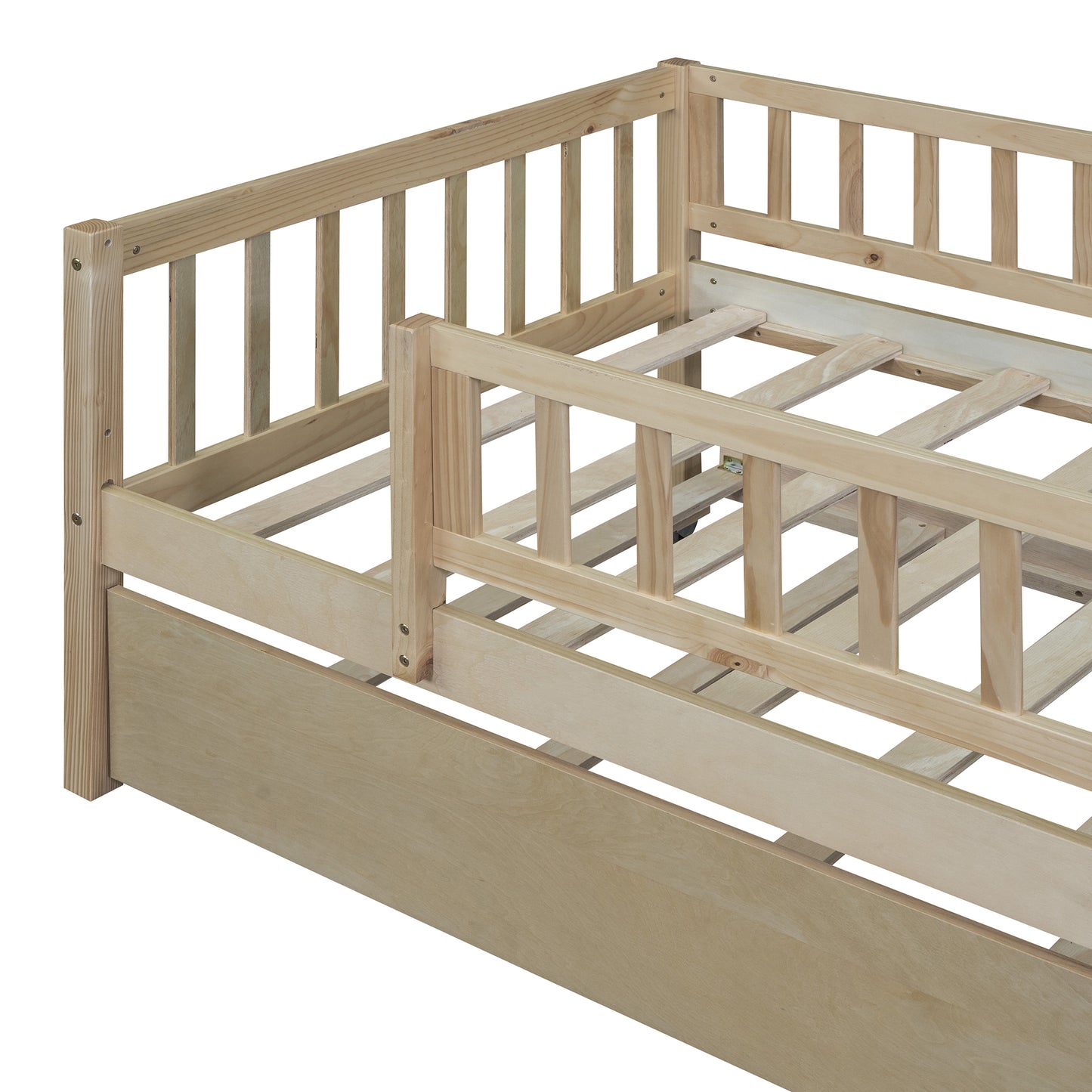 Natural pine toddler bed frame with wooden slats and safety rails