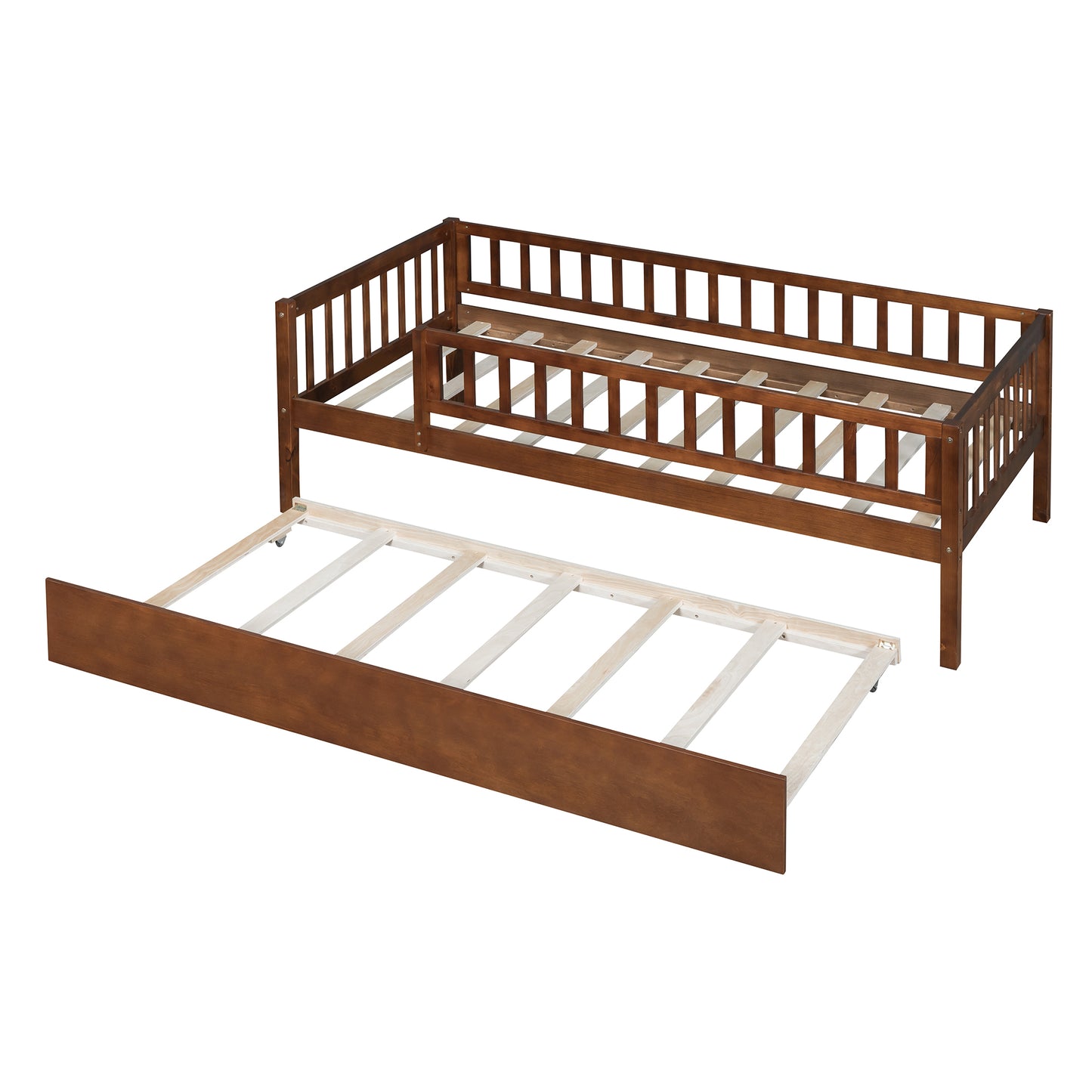 Brown wooden daybed with pullout trundle
