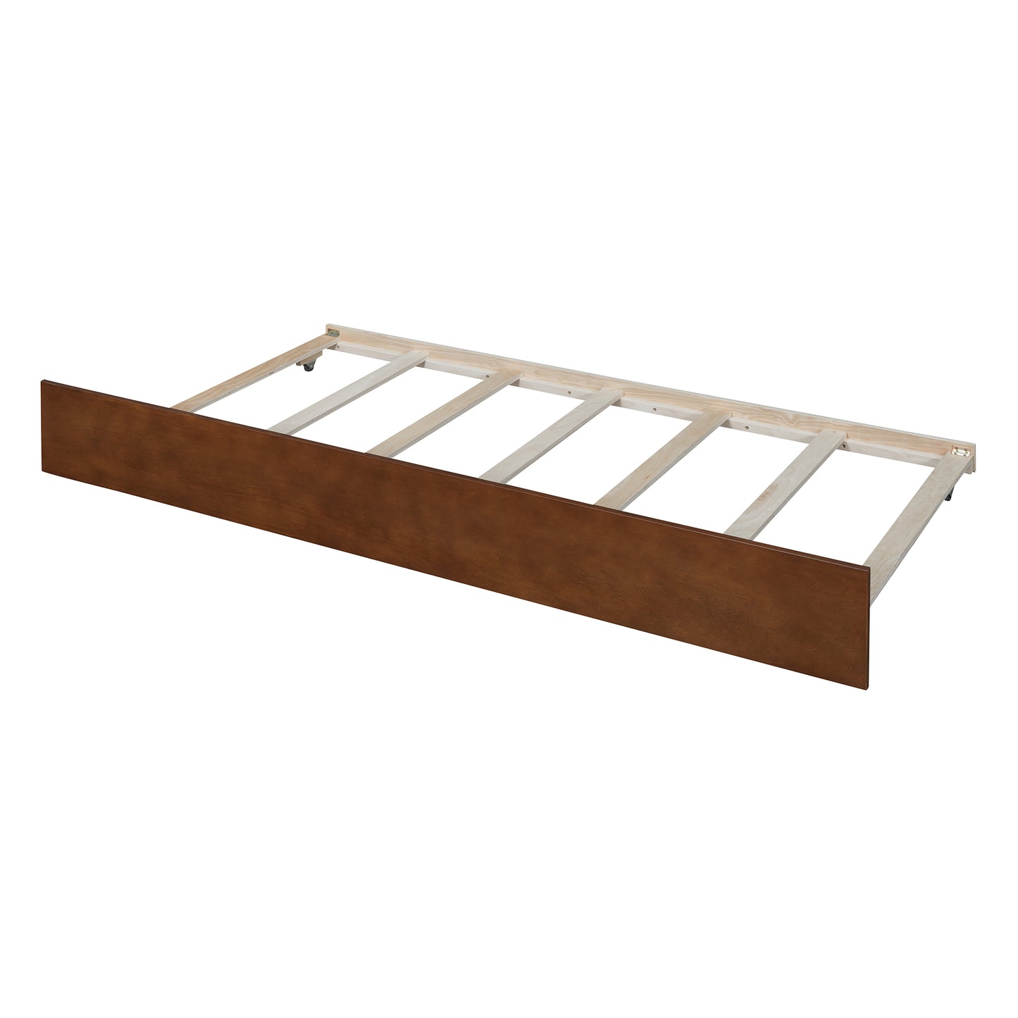 Brown wood trundle bed frame with rolling casters