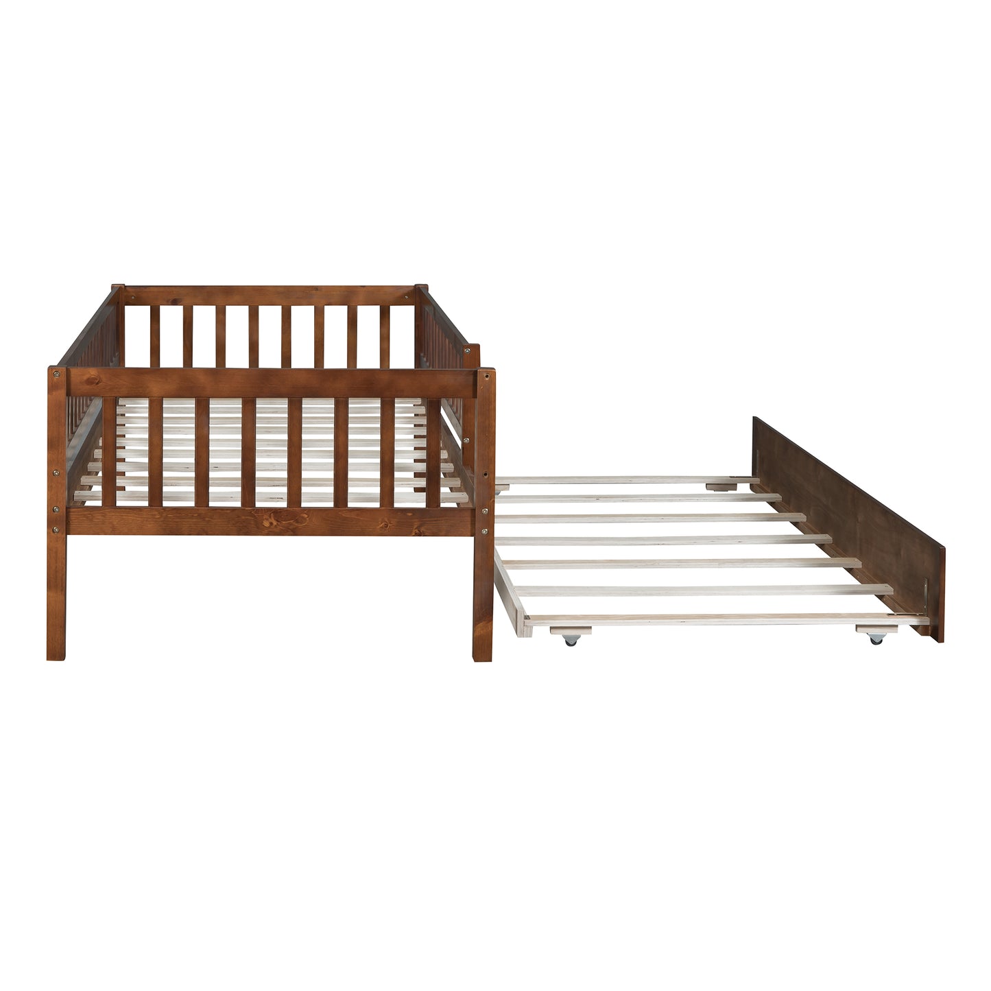 Dark brown wooden toddler bed with pullout trundle frame and slatted base