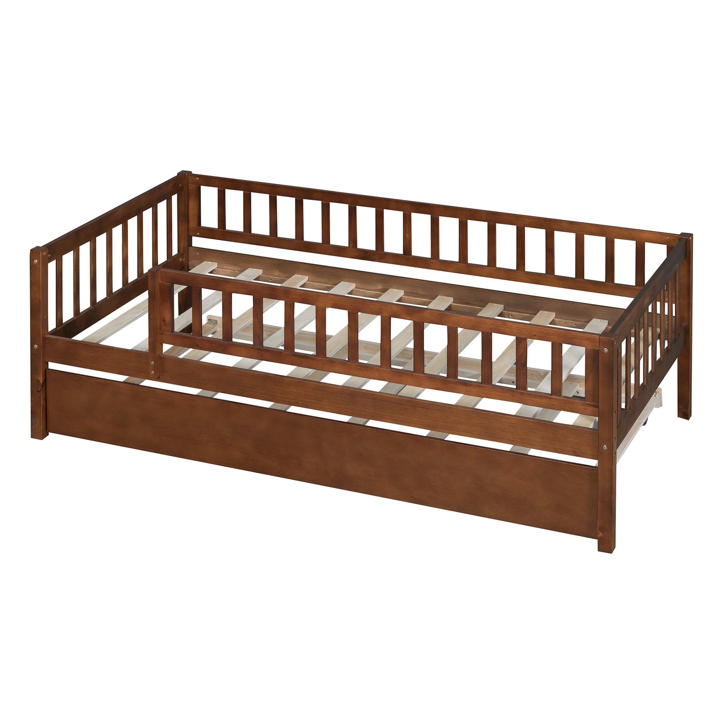 Dark brown wooden daybed frame with slatted backrest and pullout trundle