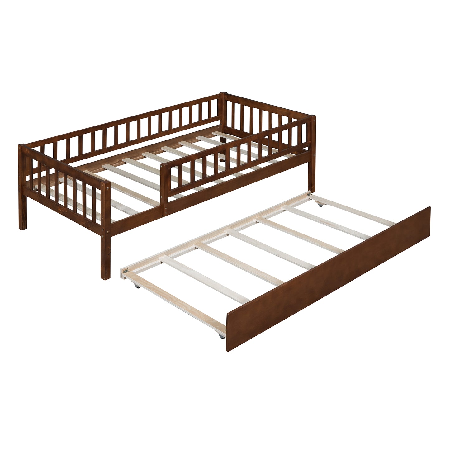Dark brown wooden toddler bed with pullout trundle featuring slatted sides and base