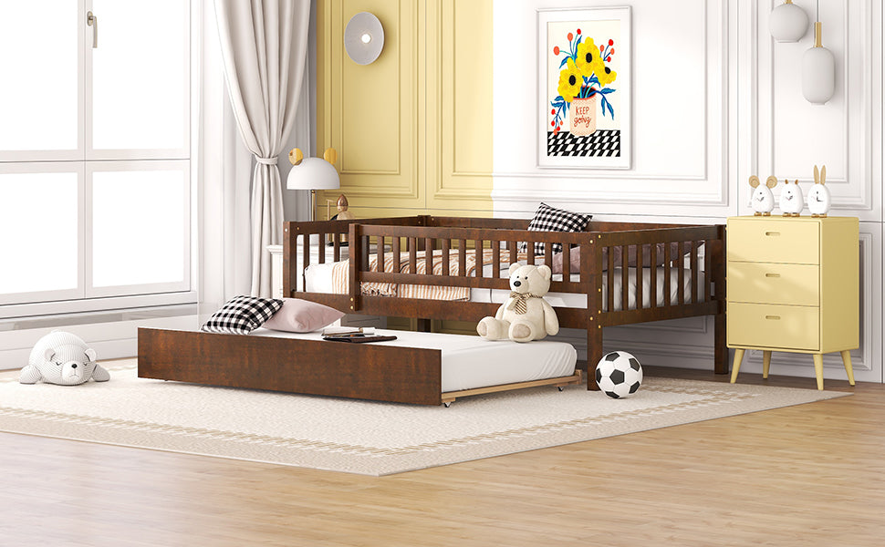 Dark wood toddler bed with pullout trundle ideal for childrens room