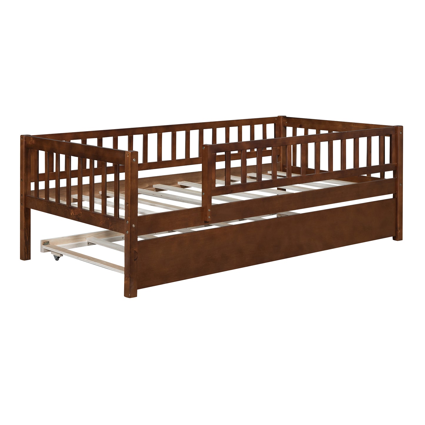 Brown wooden toddler bed with pullout trundle and safety rails