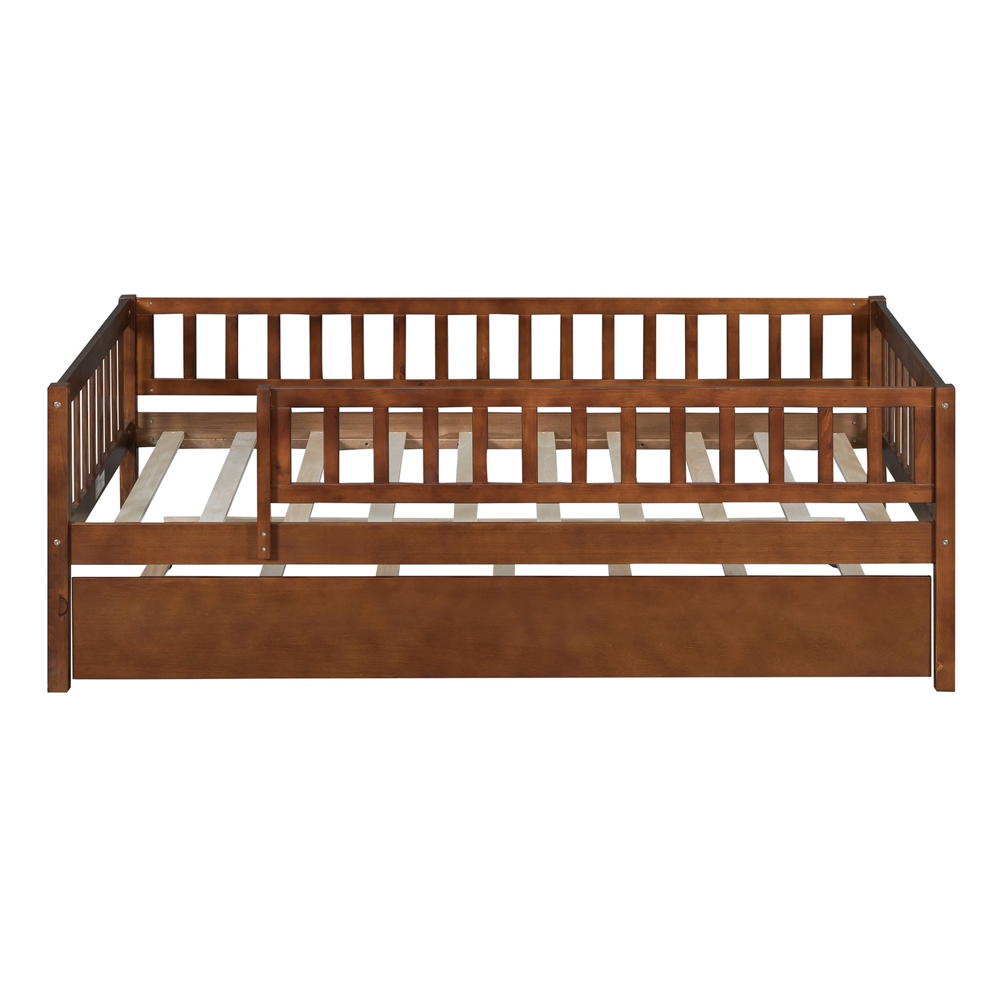 Brown wooden daybed with slatted sides and a pullout trundle