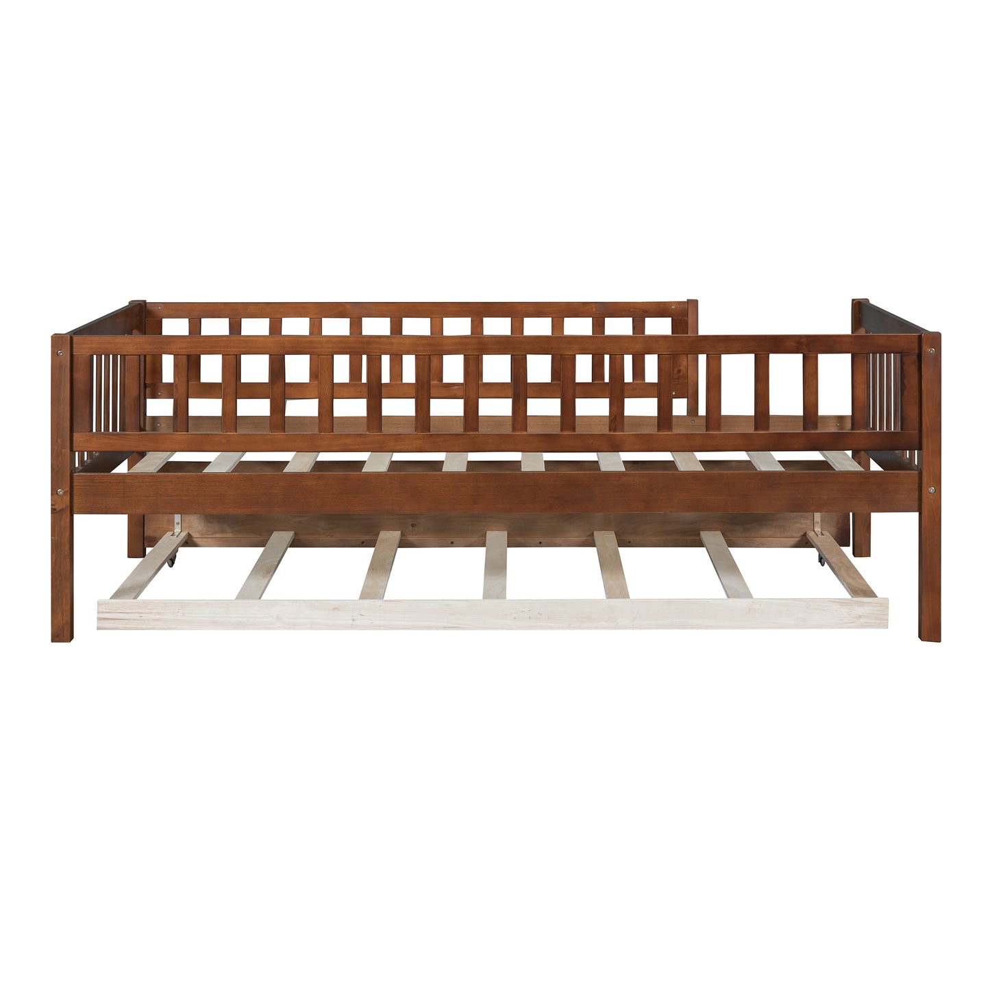 A dark brown wooden daybed with an attached pullout trundle featuring a slatted backrest