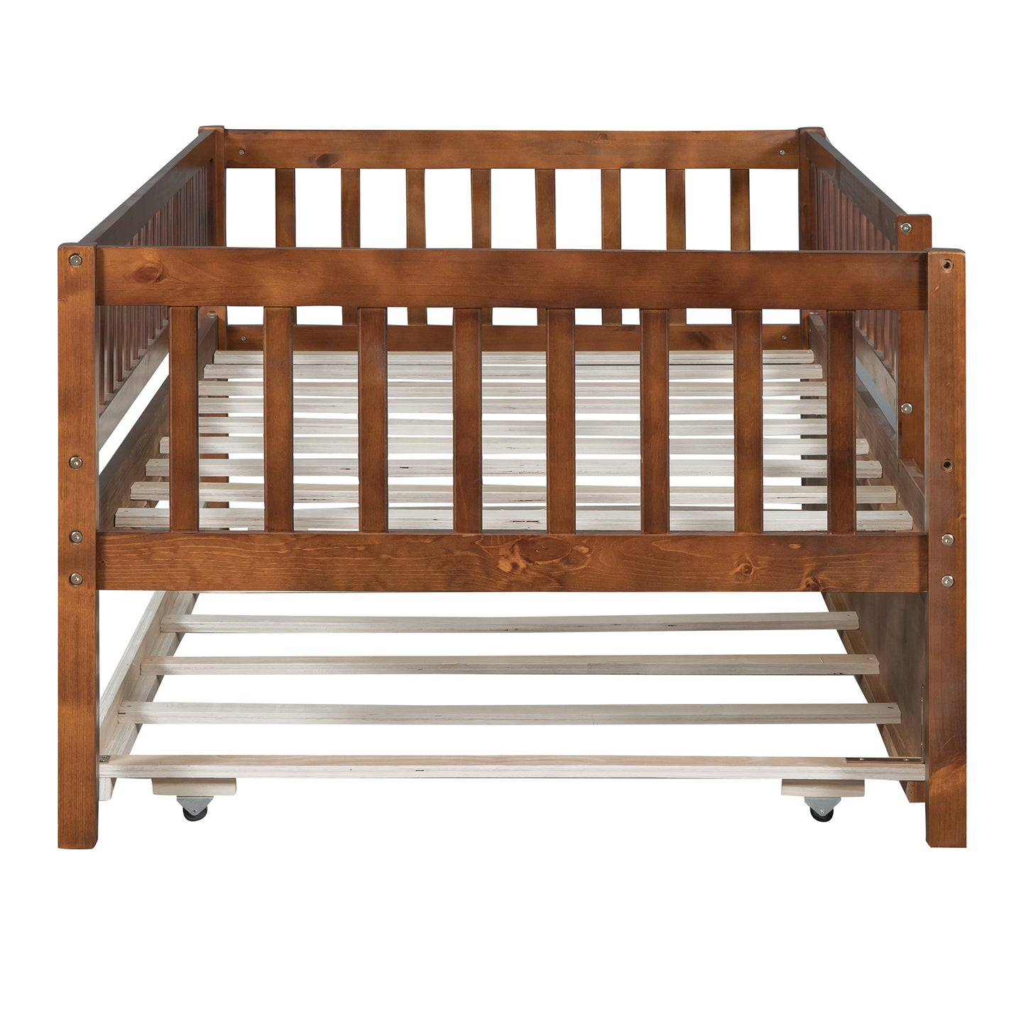 Brown wooden crib with slatted sides and wheels for mobility