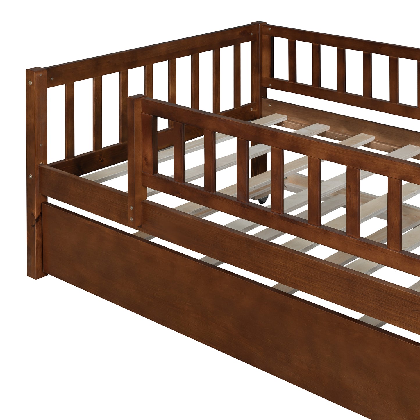 Dark wood twin daybed frame with safety rails and slatted support system