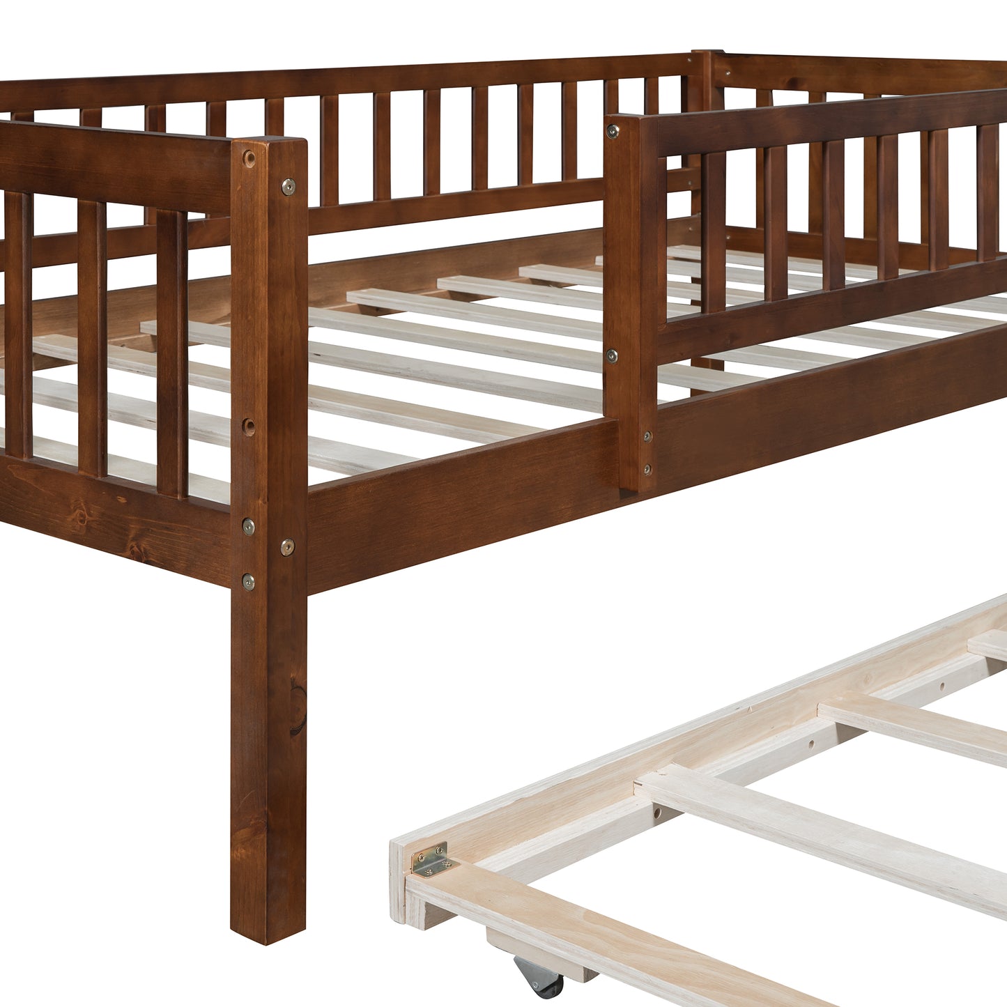 Rich mahogany toddler bed frame with slatted sides